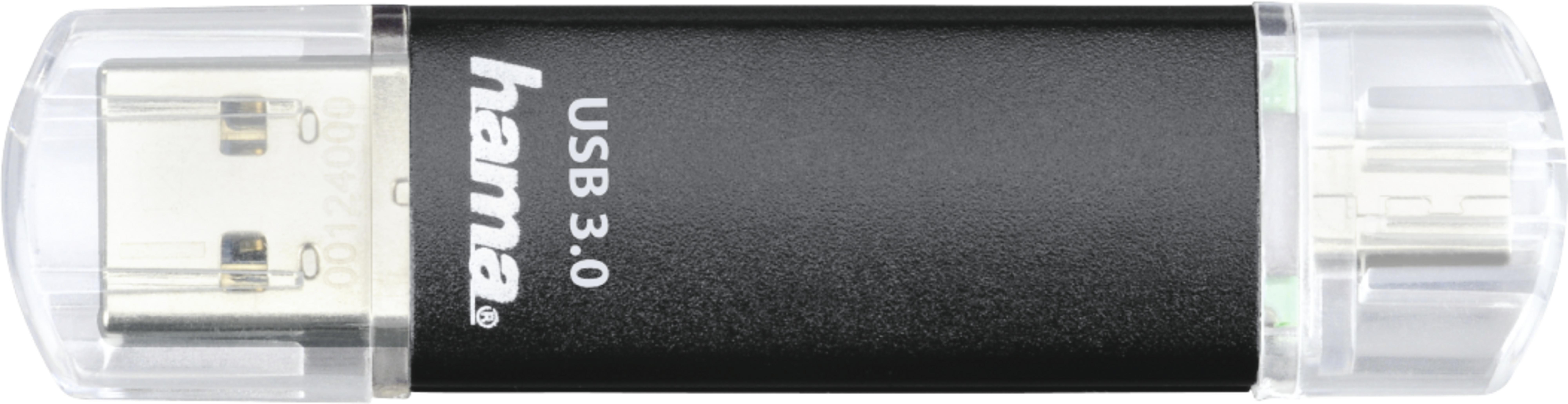 Una chiavetta USB 3.0 nera con cappucci protettivi trasparenti.