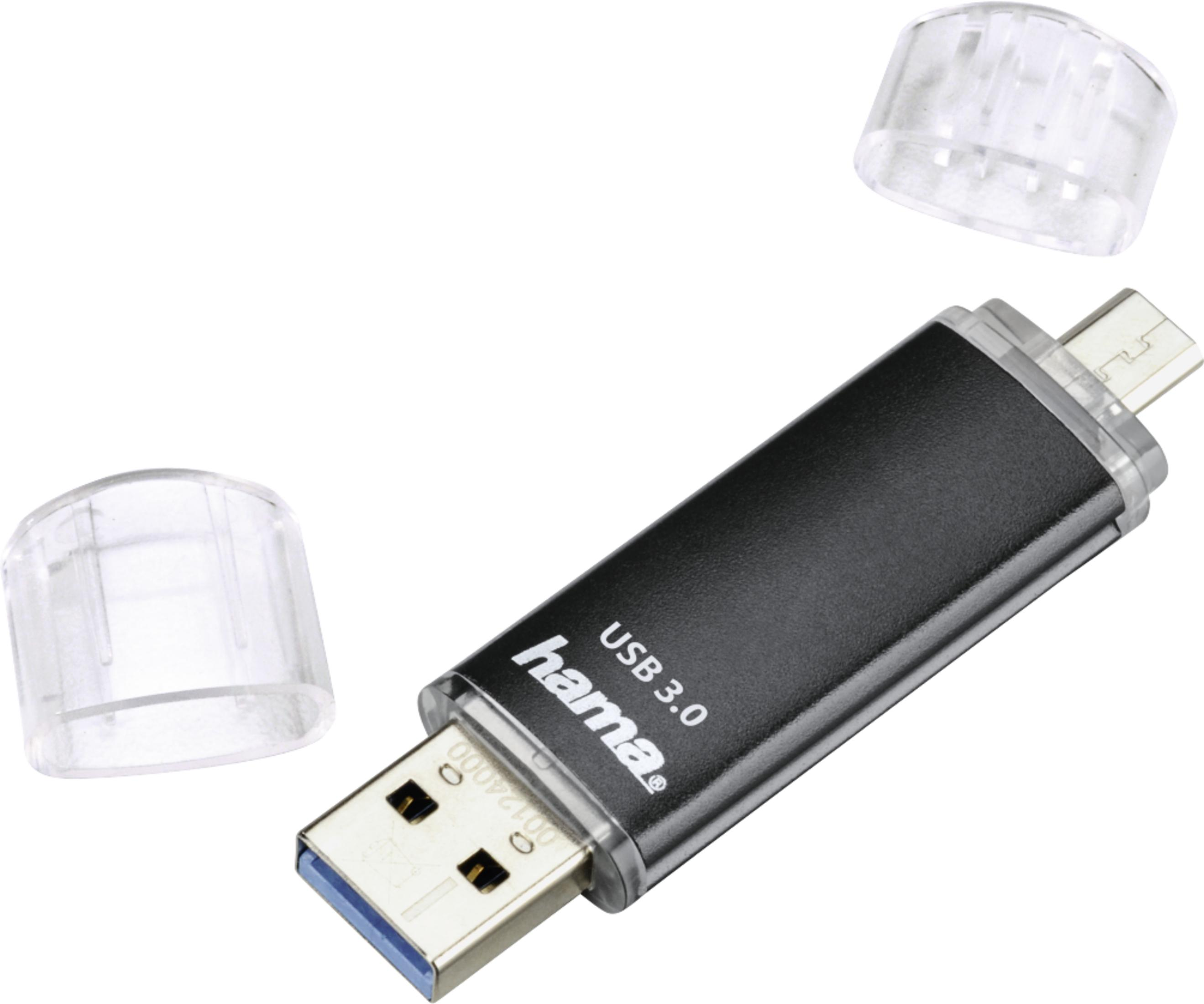 Chiavetta USB 3.0 nera con due tappi, un connettore USB-A e uno Micro-USB.