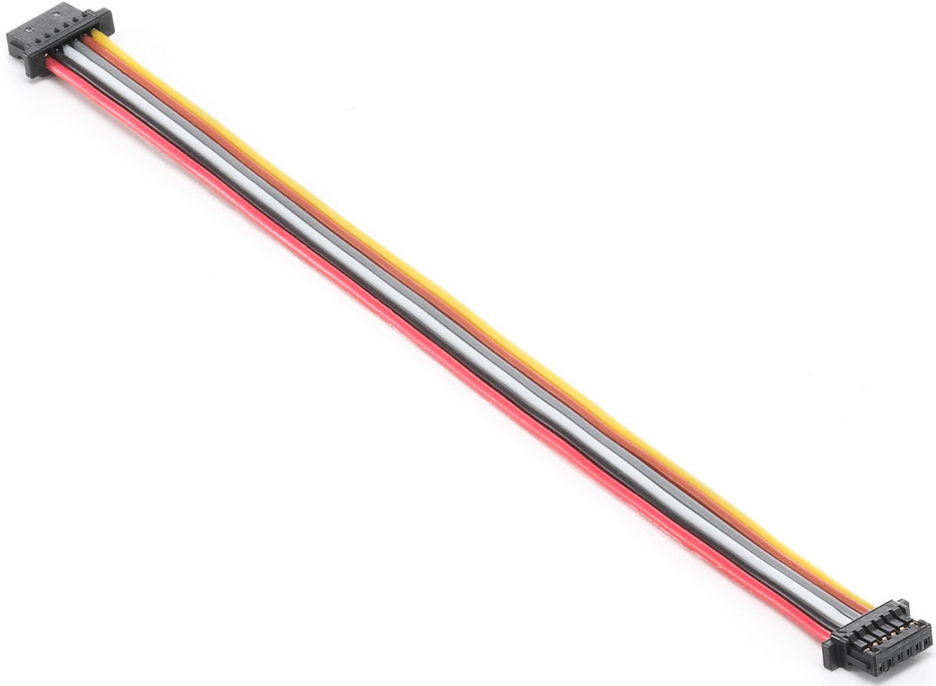Ein Kabel mit sechs farbigen Drähten (rot, schwarz, weiß, braun, gelb) und schwarzen Steckern.