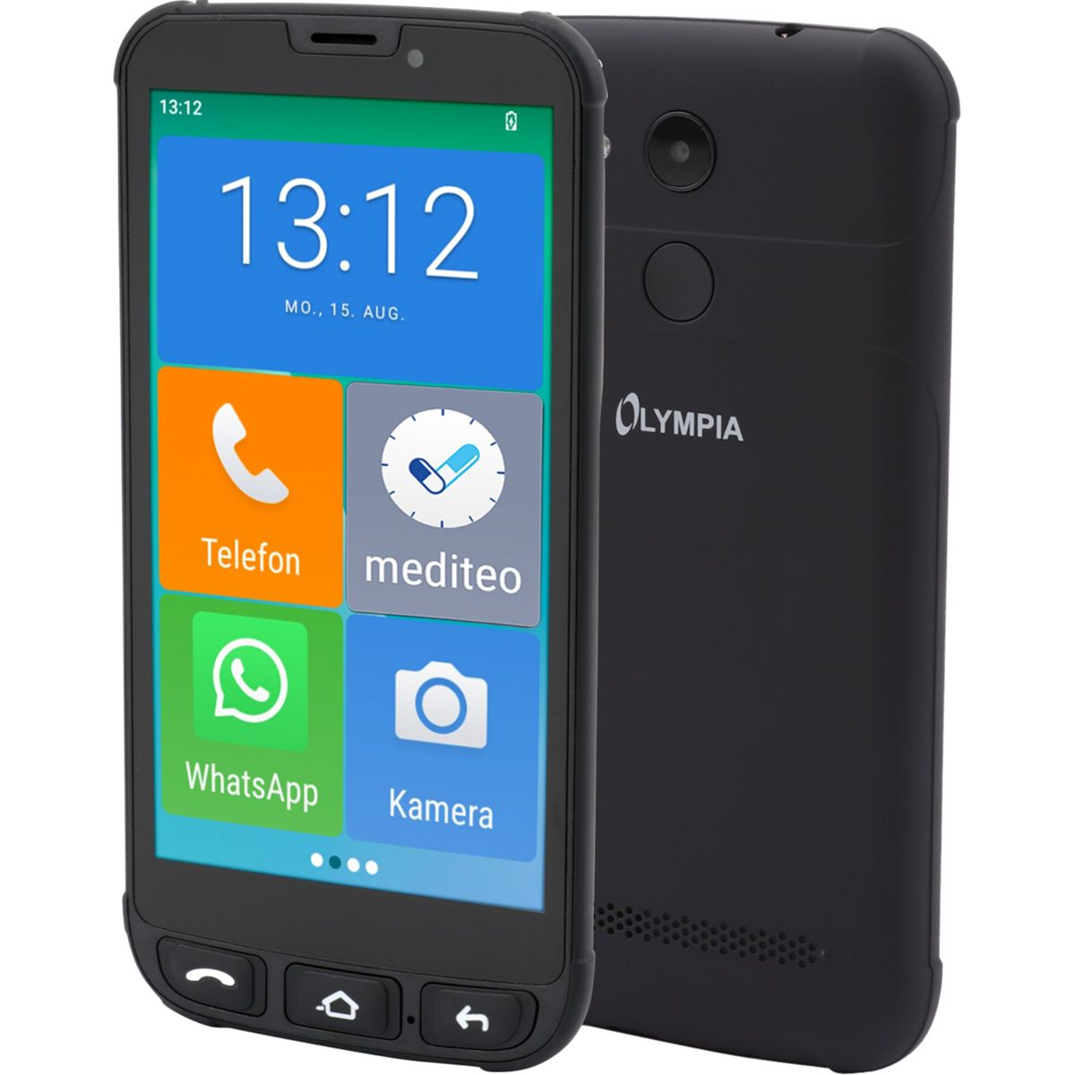 Czarny smartfon Olympia wyświetlający aplikacje Telefon, Mediteo, WhatsApp i Kamera.