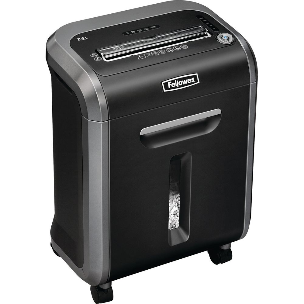 Déchiqueteuse Fellowes noire sur roulettes avec fenêtre montrant du papier déchiqueté.