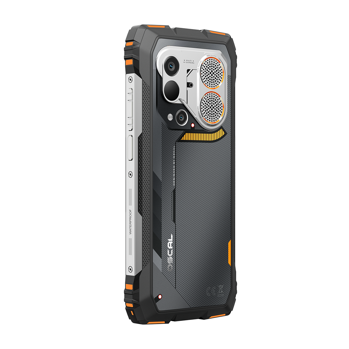 Robuuste smartphone met zwarte behuizing, oranje accenten en multi-camera setup.