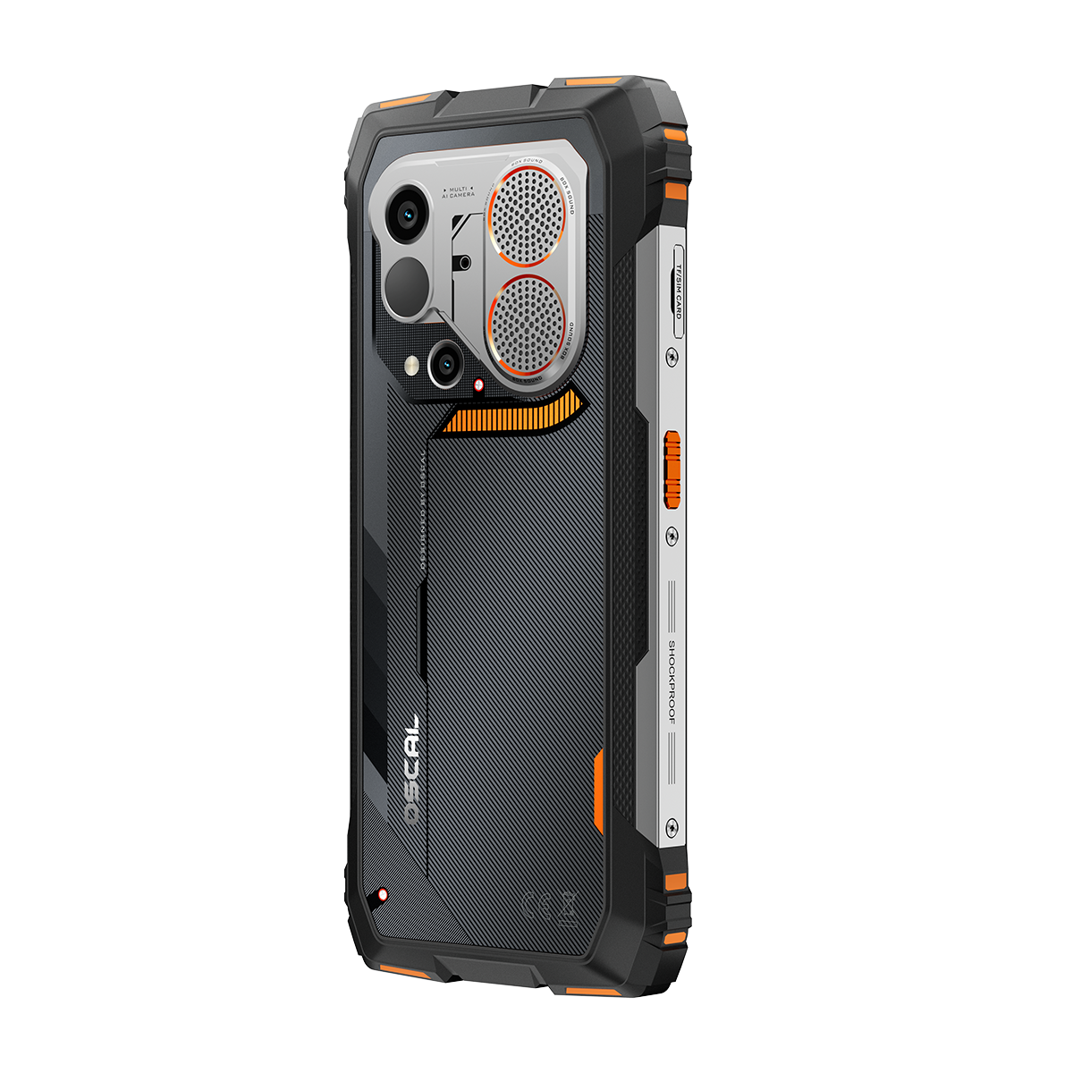 Robustes Smartphone mit schwarzem, texturiertem Gehäuse und orangefarbenen Akzenten.
