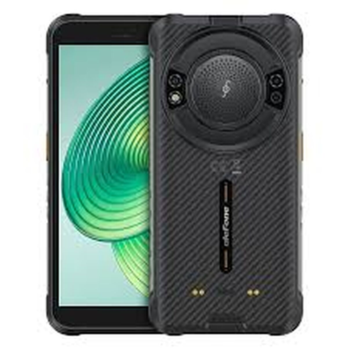 Uno smartphone nero robusto con retro testurizzato e unità fotocamera circolare.