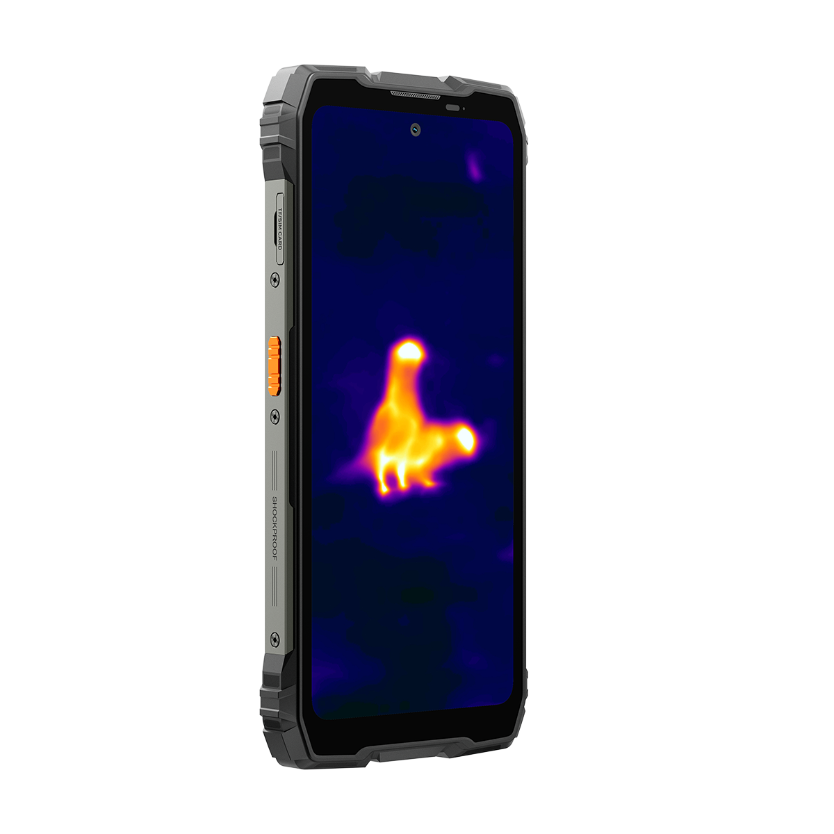 Ein robustes Smartphone zeigt ein Thermografiebild eines Tieres mit hellgelben Körperteilen.