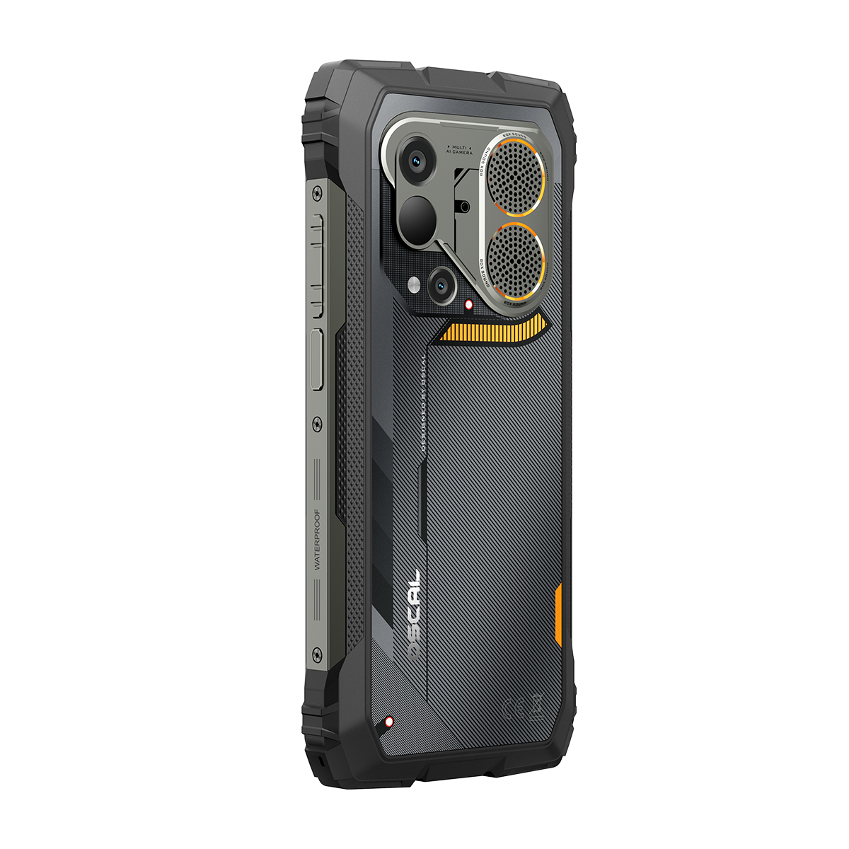 Robuuste smartphone met donkere behuizing, achtercamera en luidsprekers.