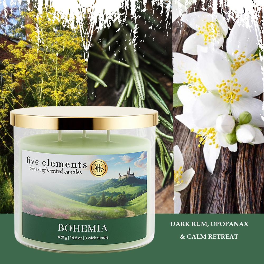 Grüne Duftkerze mit goldenem Deckel, Jasmin, Rosmarin und Landschaft.