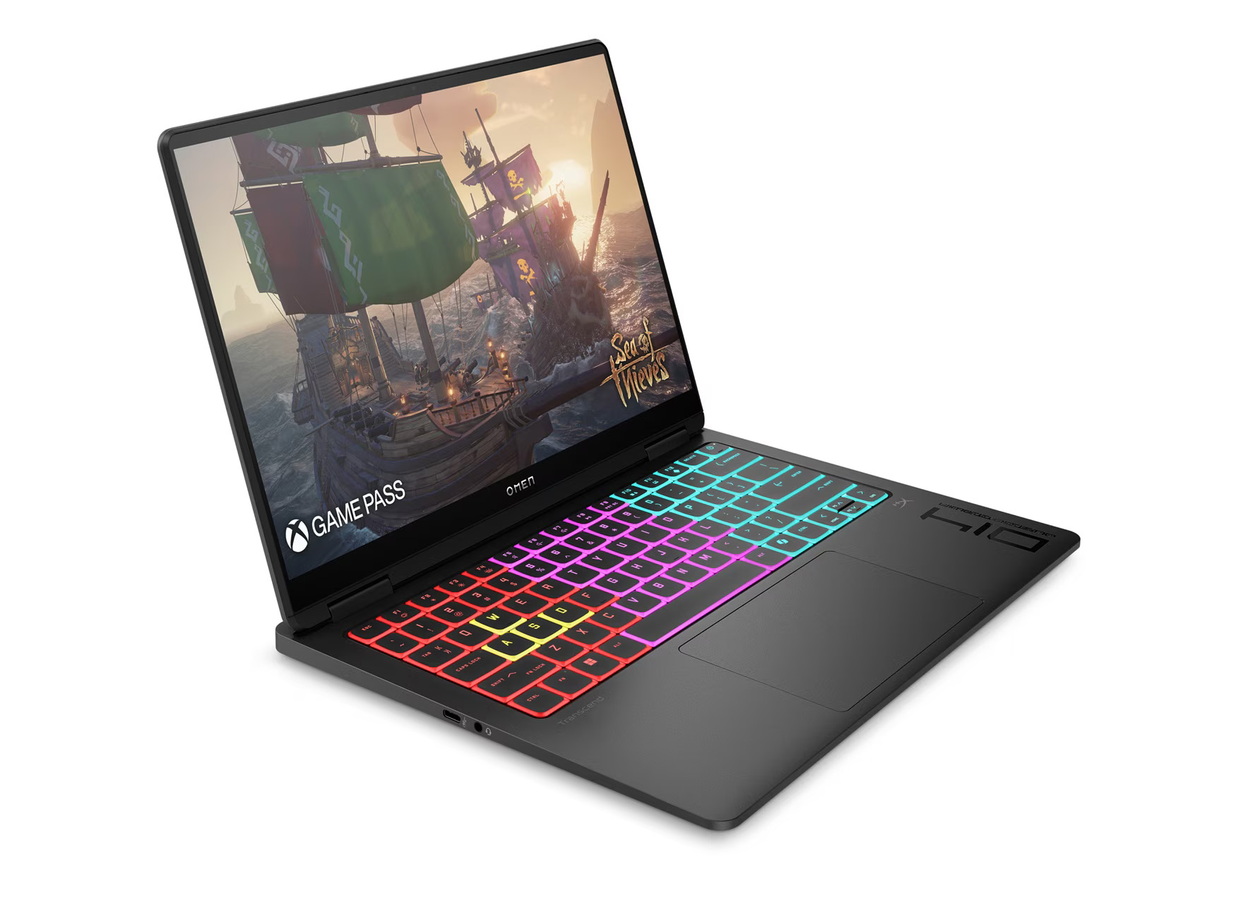 Ein schwarzer Laptop zeigt ein Piratenschiff-Spiel. Die Tastatur leuchtet bunt.