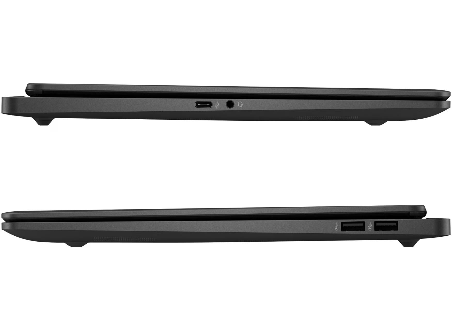 Oben: Laptopschnittstelle mit USB-C und Kopfhöreranschluss. Unten: Laptopschnittstelle mit zwei USB-A-Anschlüssen.