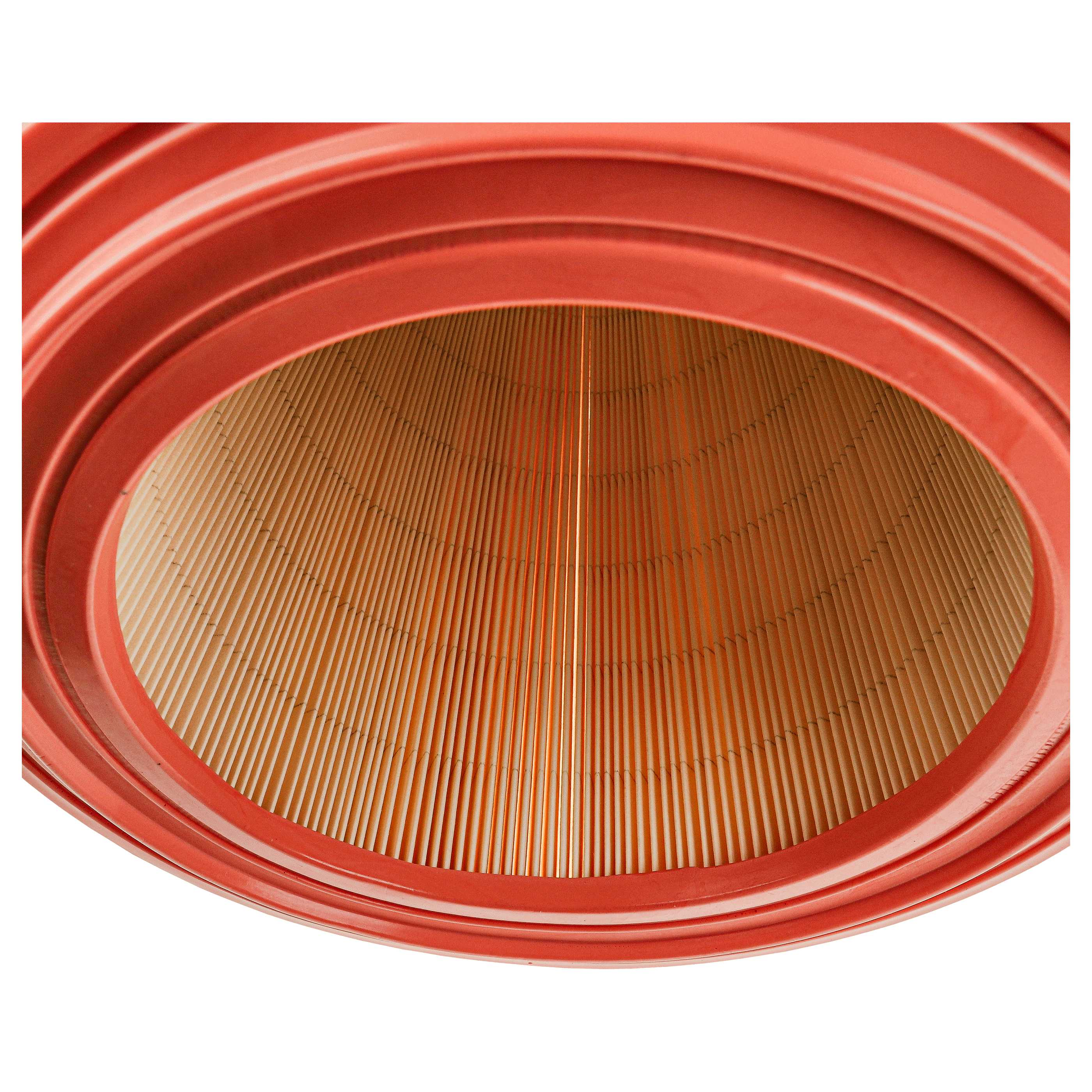 Ein roter Luftfilter mit gefalteten Filtermaterialien.