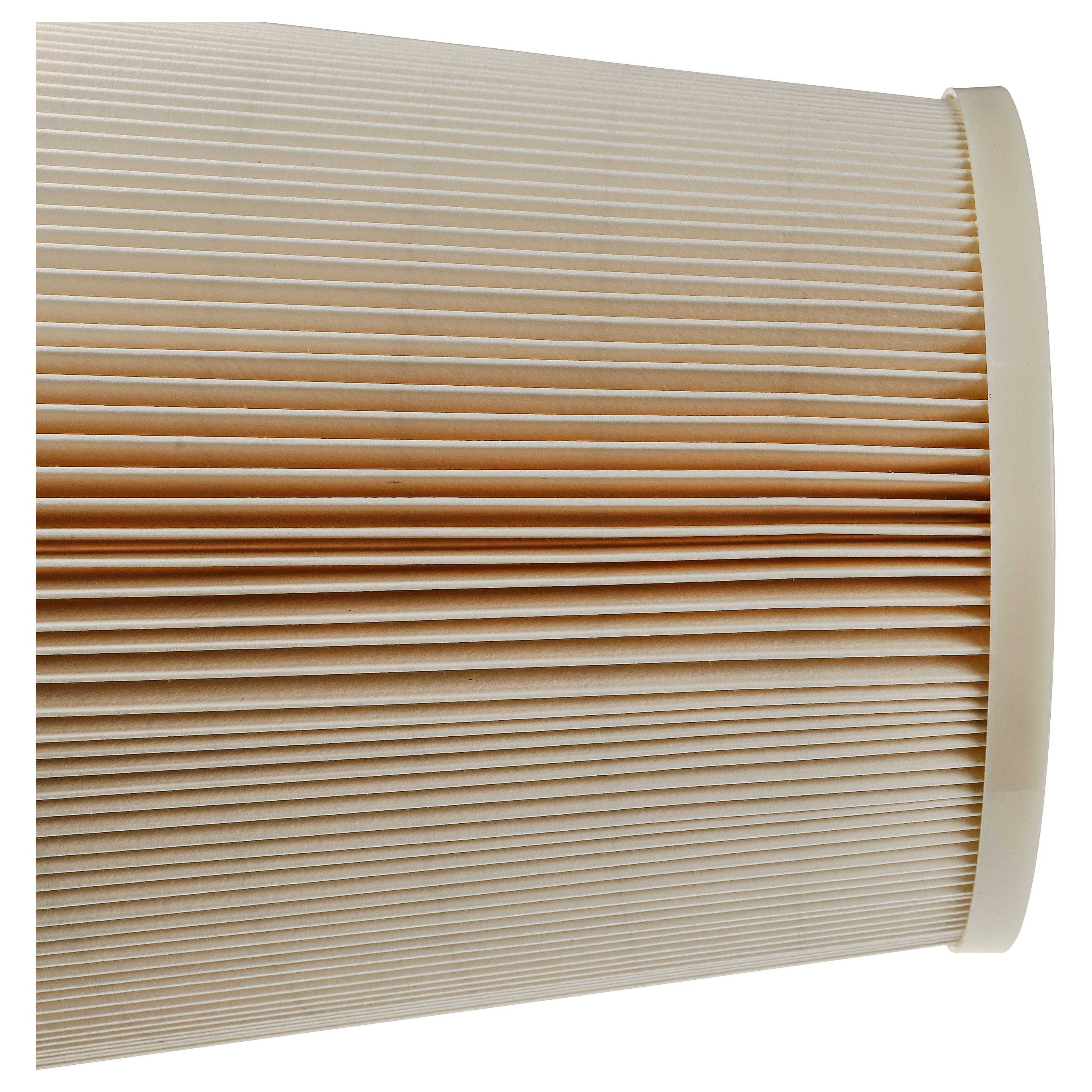 Ein beige gefalteter Luftfilter mit einem weißen Rand auf der rechten Seite.