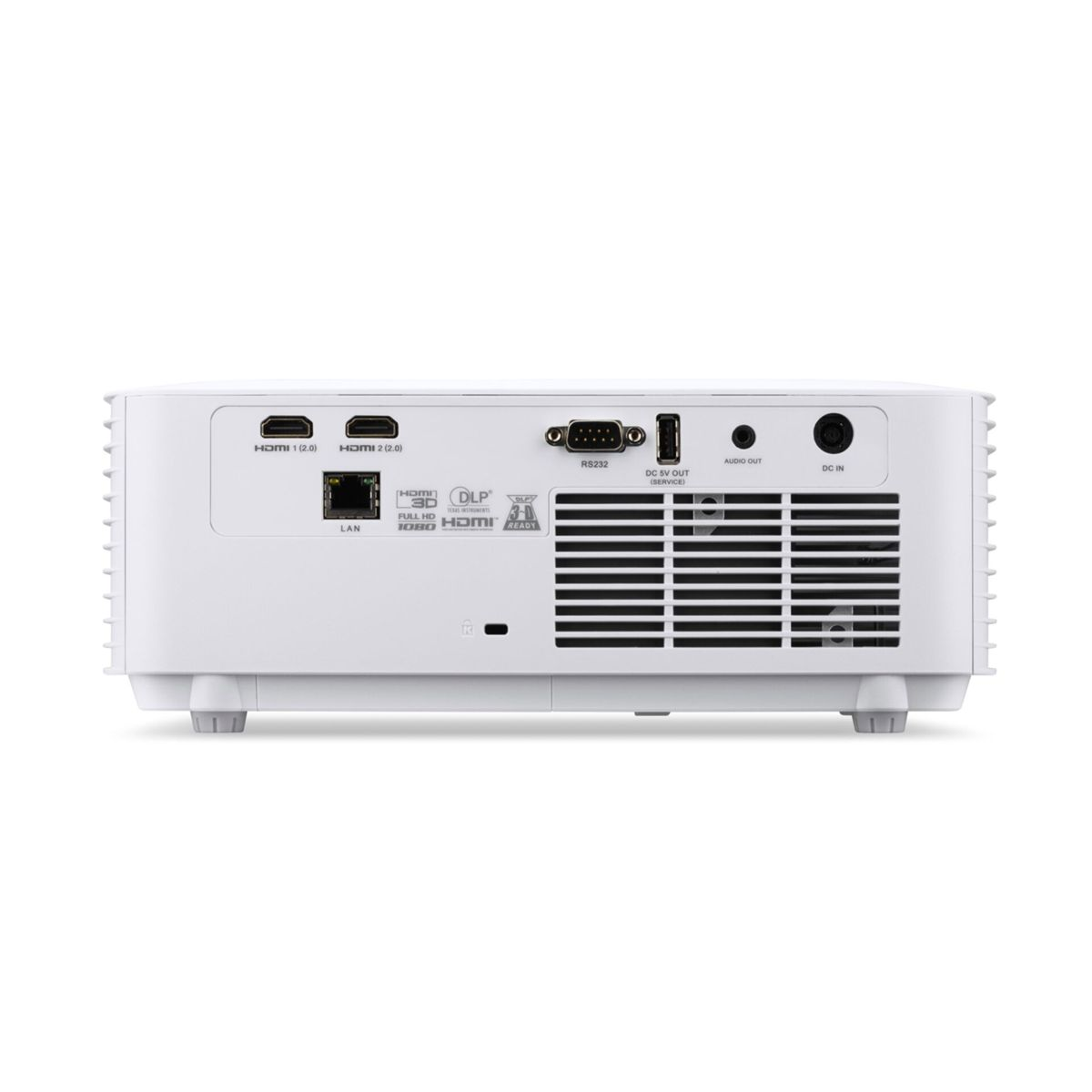Rückseite eines weißen Projektors mit Anschlüssen: HDMI, LAN, RS232, Audio, DC IN.