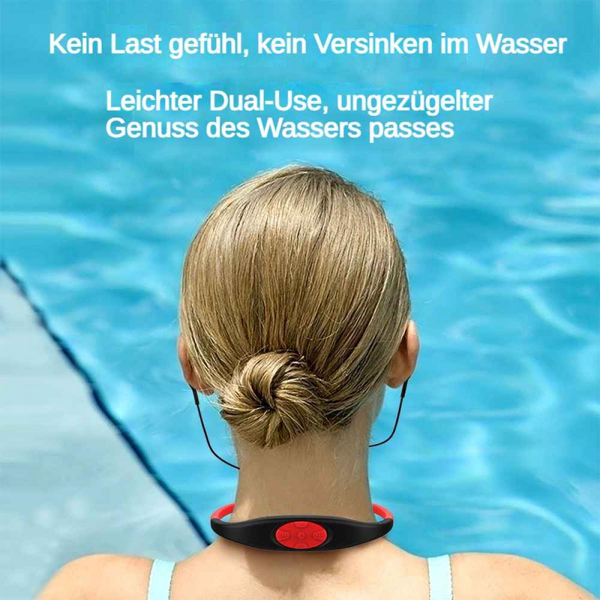 Person mit Nackenbügel-Kopfhörern im Pool mit Text.