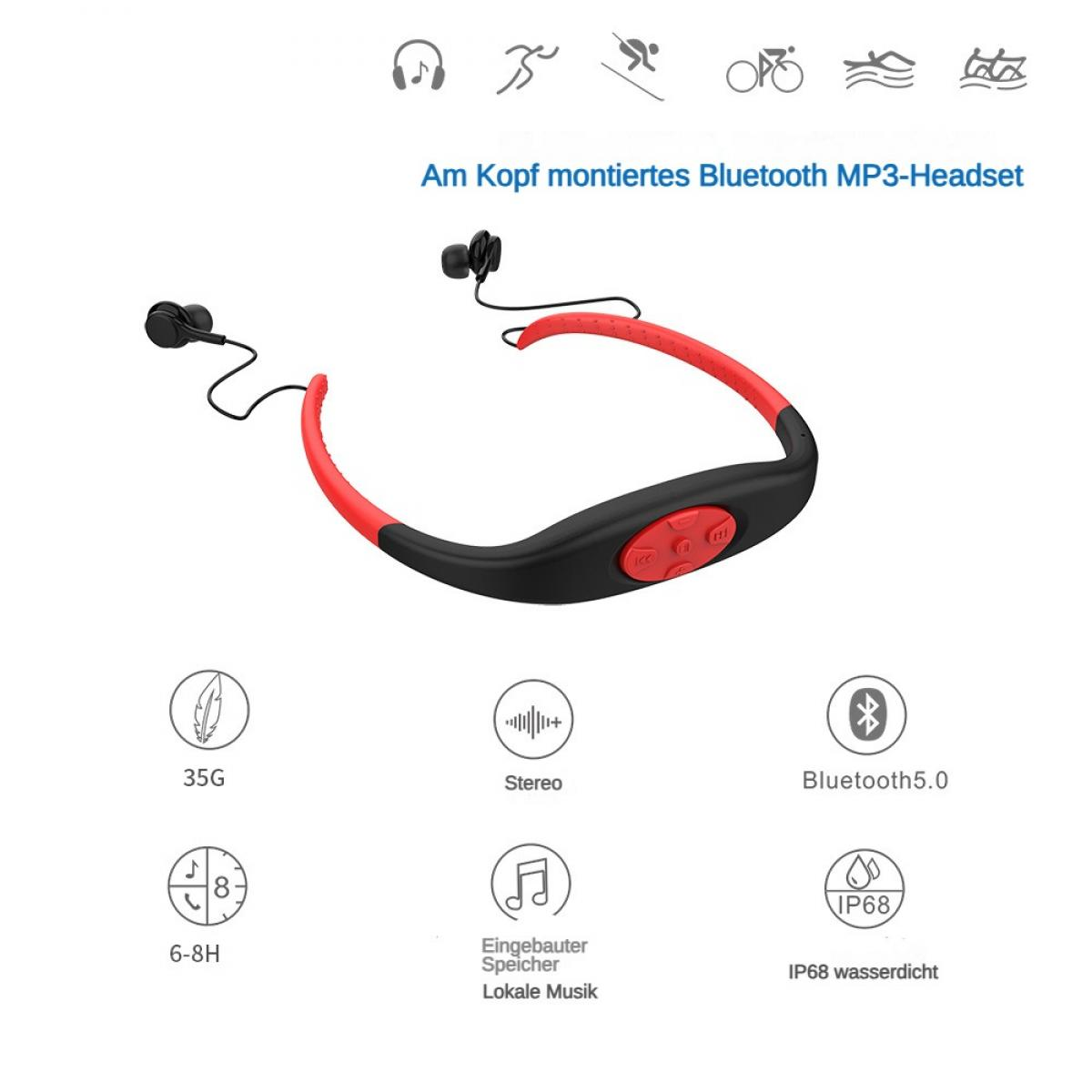 Schwarzes und rotes Bluetooth-MP3-Headset mit Kopfhörern und Steuerungstasten.