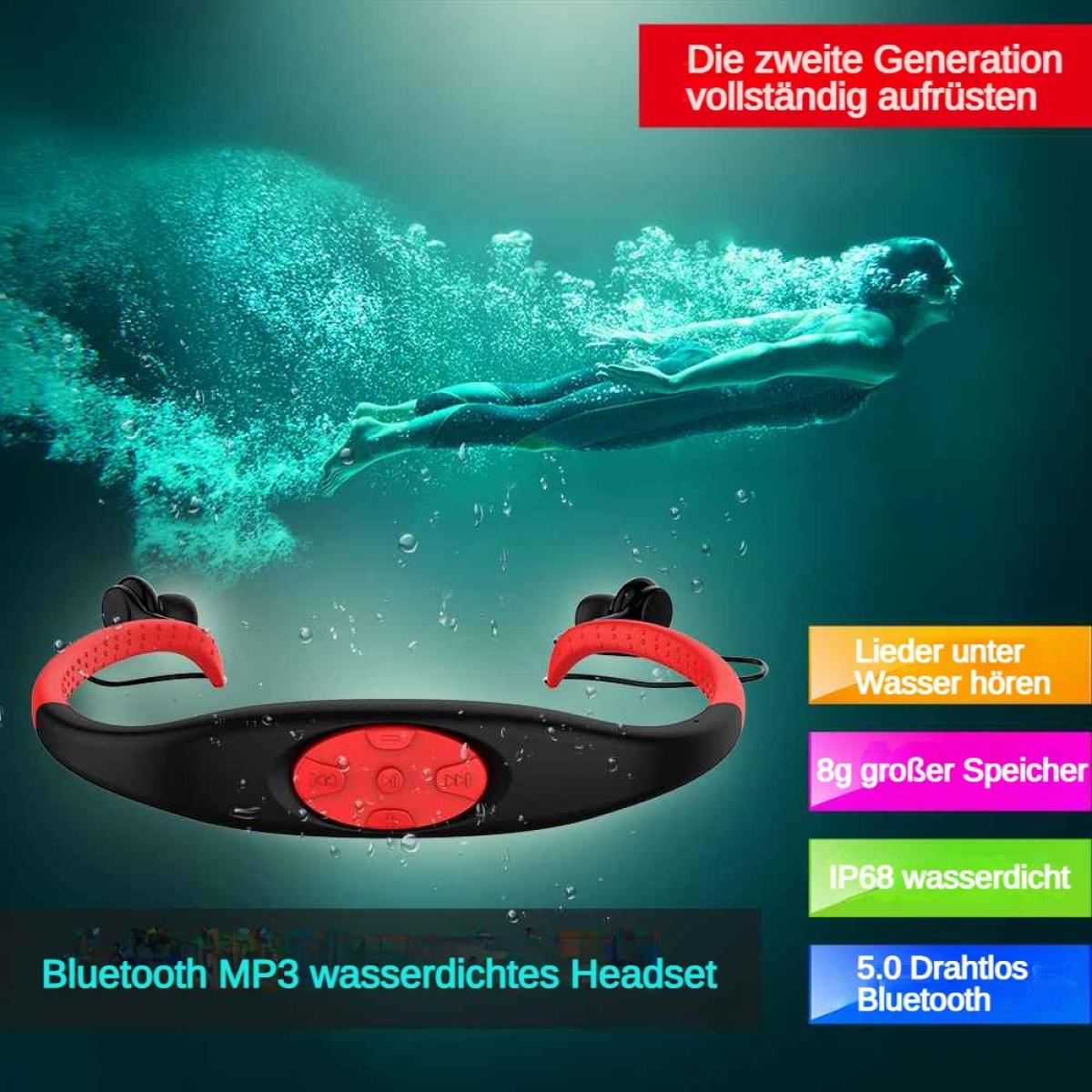 Schwimmer unter Wasser, wasserdichter Bluetooth-MP3-Headset mit roten Akzenten.