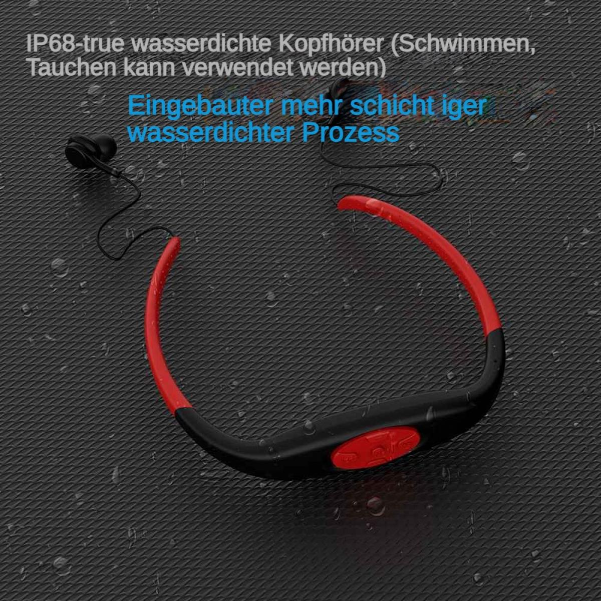 Schwarze und rote wasserdichte Kopfhörer auf einer dunklen, nassen Oberfläche.