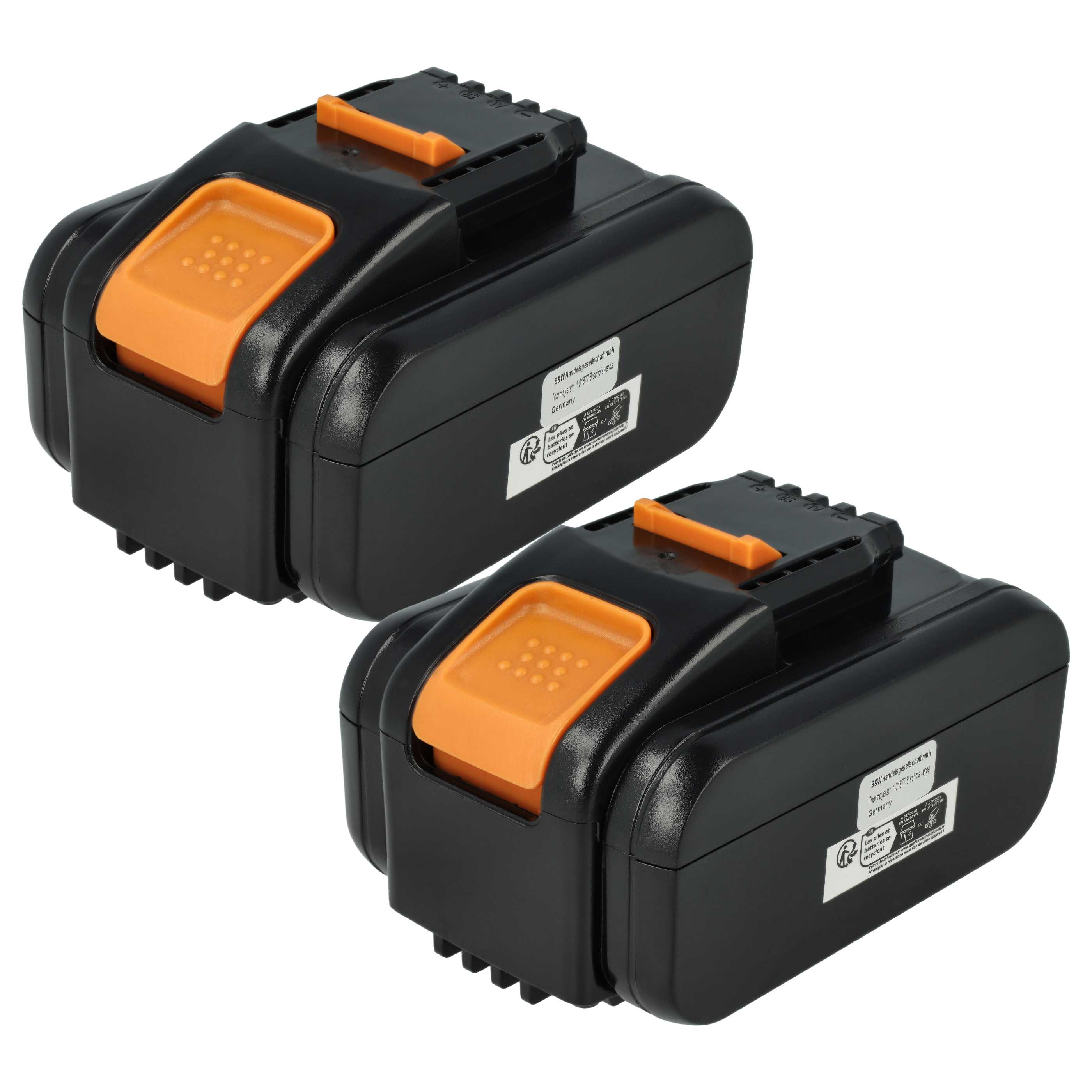 Zwei schwarze Akkupacks mit orangenem Entriegelungsknopf und Hinweisen zur Entsorgung.