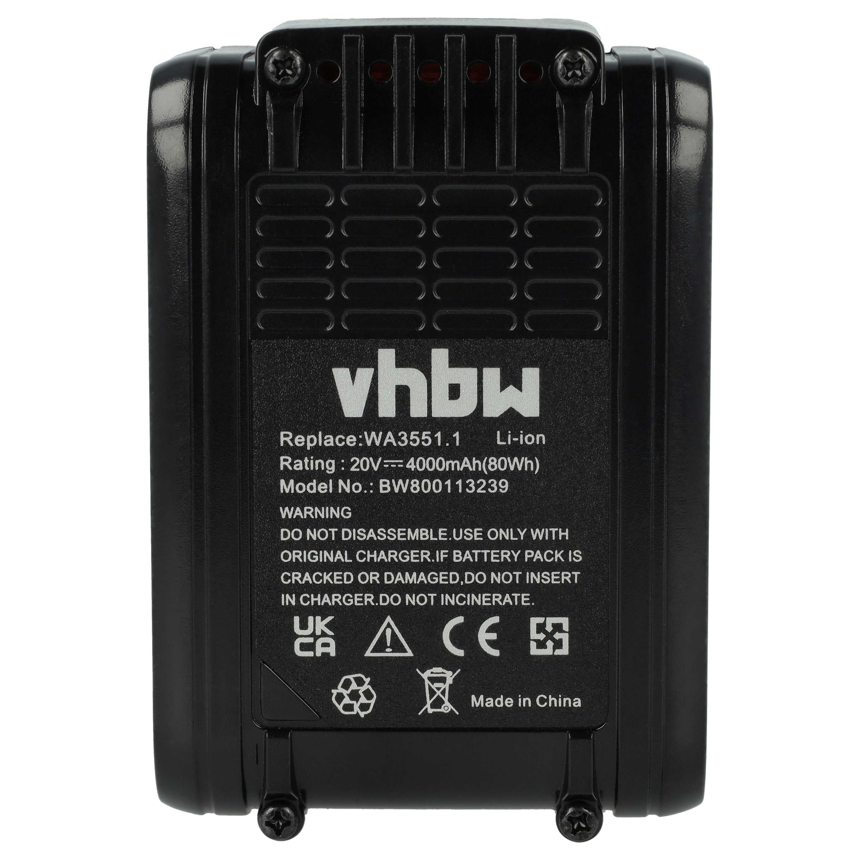 Schwarzer Akku mit Beschriftung: vhbw, 20V, 4000mAh, Made in China.