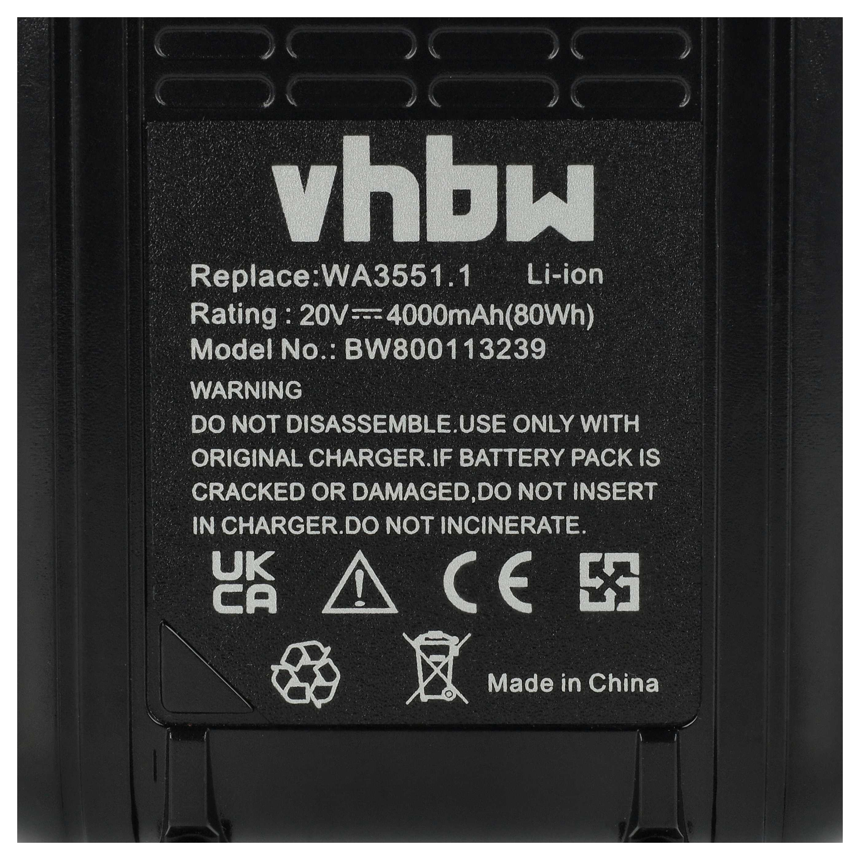 Schwarzer Akku mit weißer Beschriftung, Marke vhbw, 20V 4000mAh.