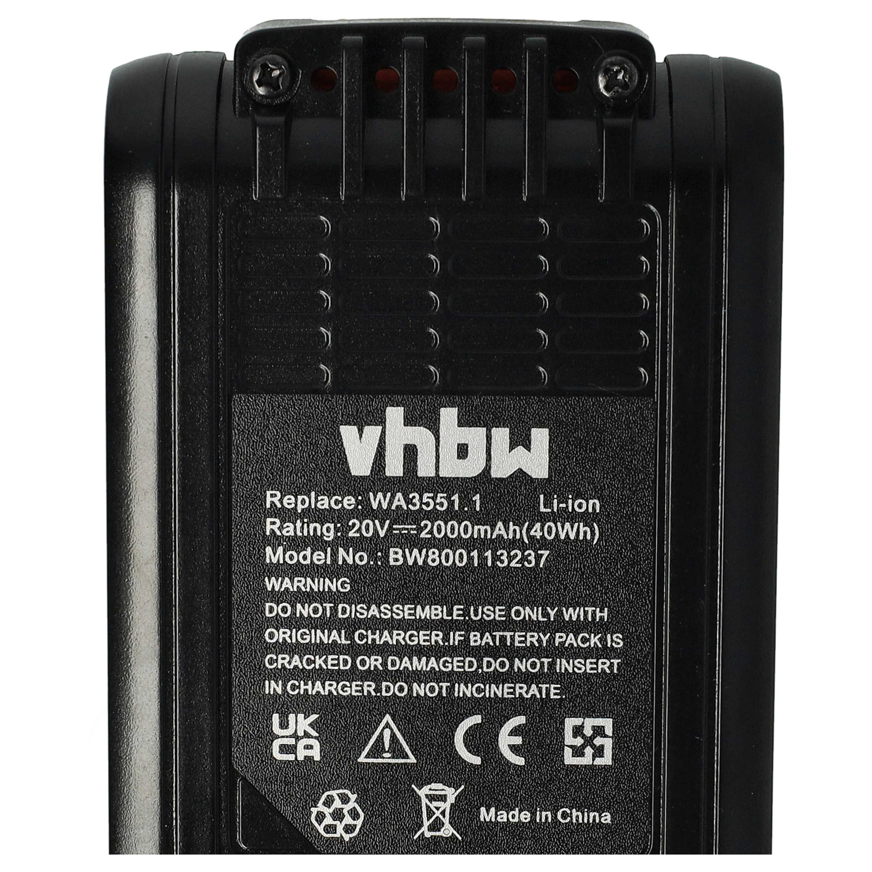 Schwarzer Akku mit vhbw-Logo und technischen Daten. CE- und UKCA-Kennzeichnung.