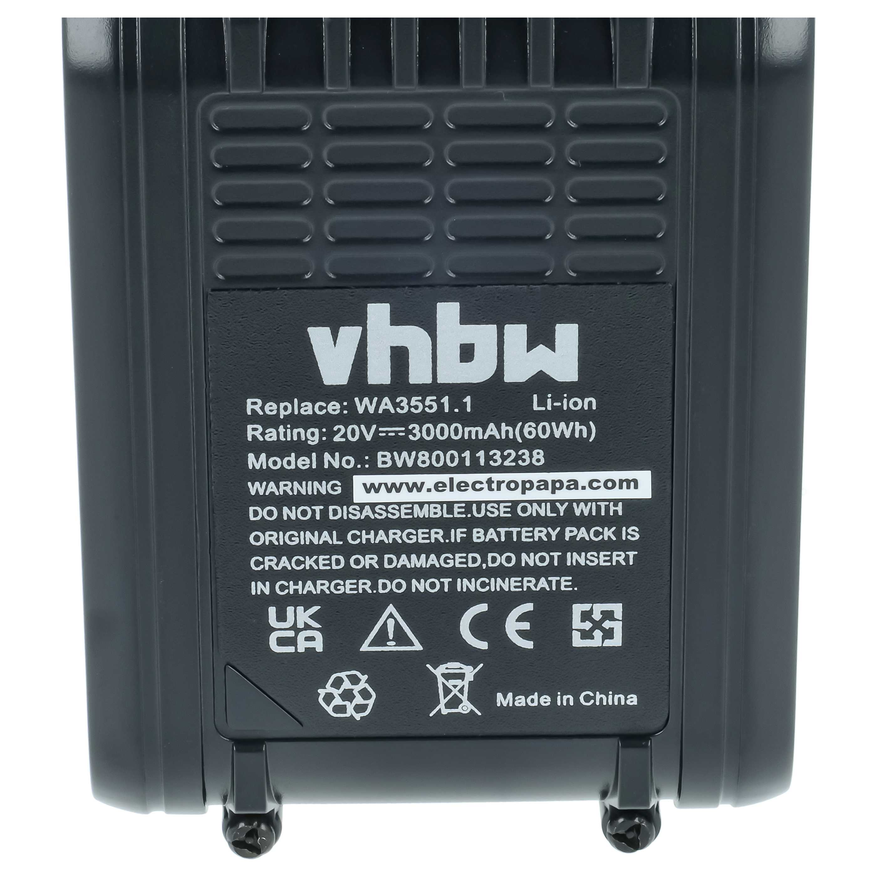 Rückseite eines schwarzen Akkus mit Aufkleber, Modell WA3551.1, 20V, 3000mAh, Made in China.