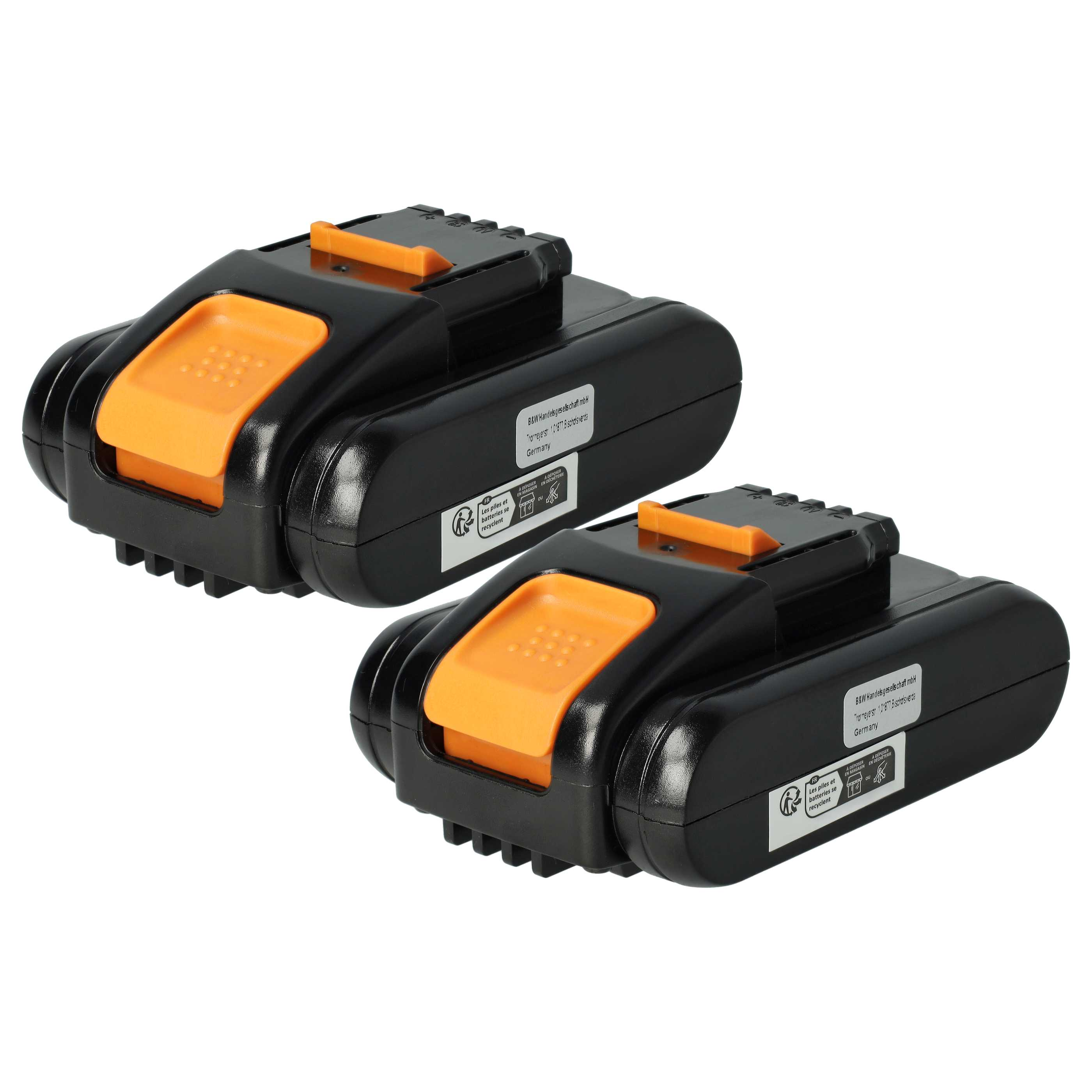 Zwei schwarze Akkus mit orangefarbenen Knöpfen auf weißem Hintergrund.
