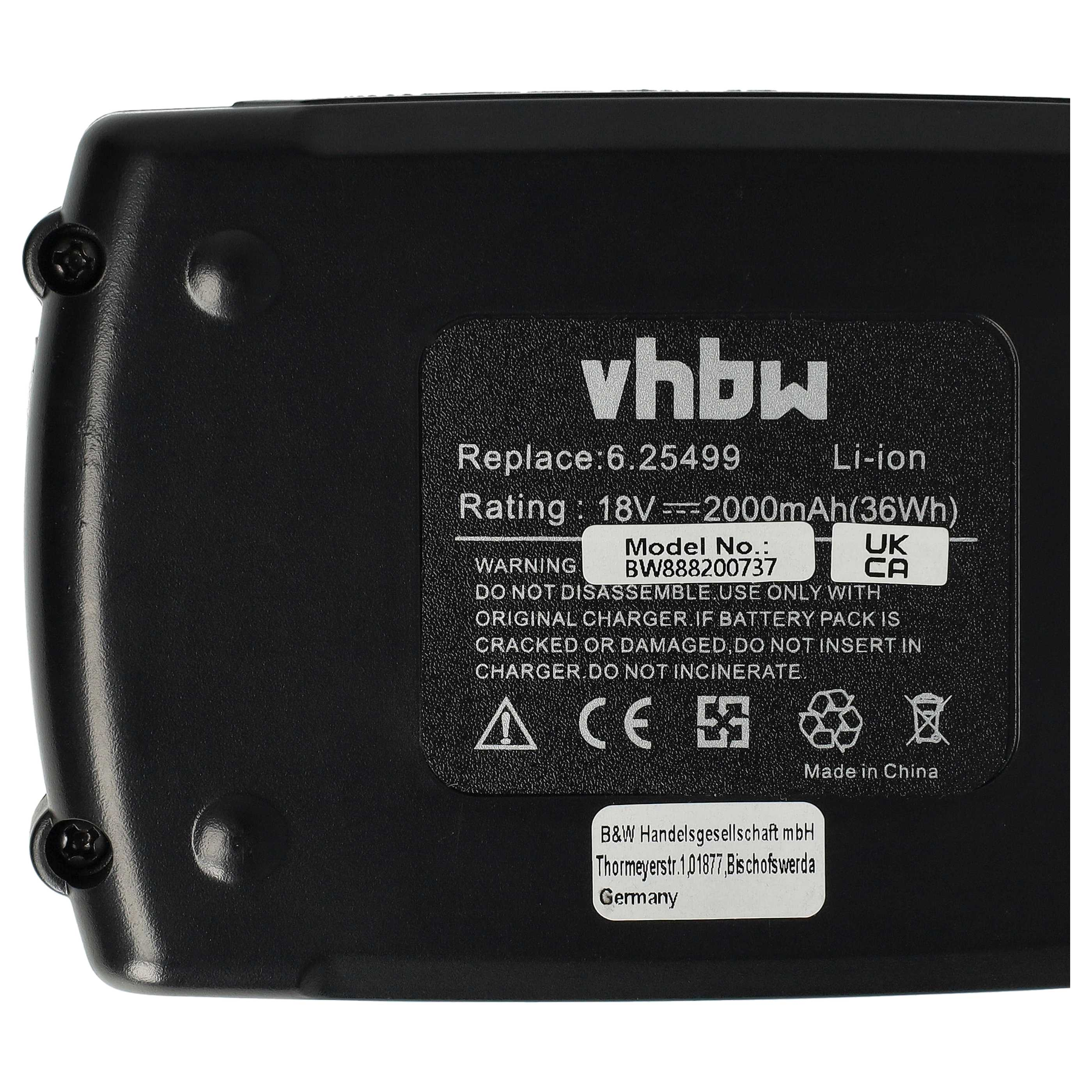 Schwarzer Akku mit Aufkleber:vhbw, 18V, 2000mAh, Li-ion, Made in China.