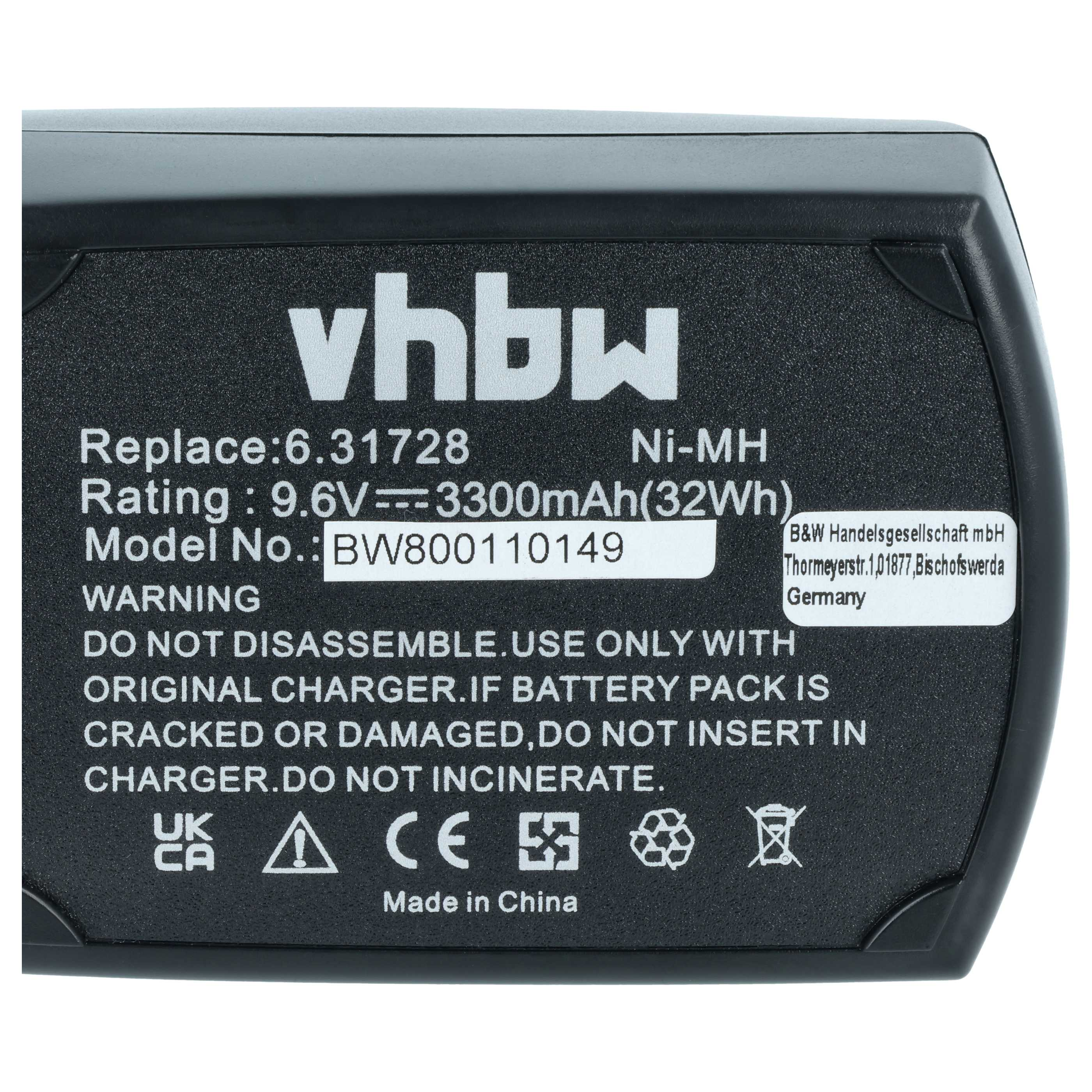 Ein schwarzer Akku mit weißen Aufdrucken, Modell BW800110149, 9.6V 3300mAh.