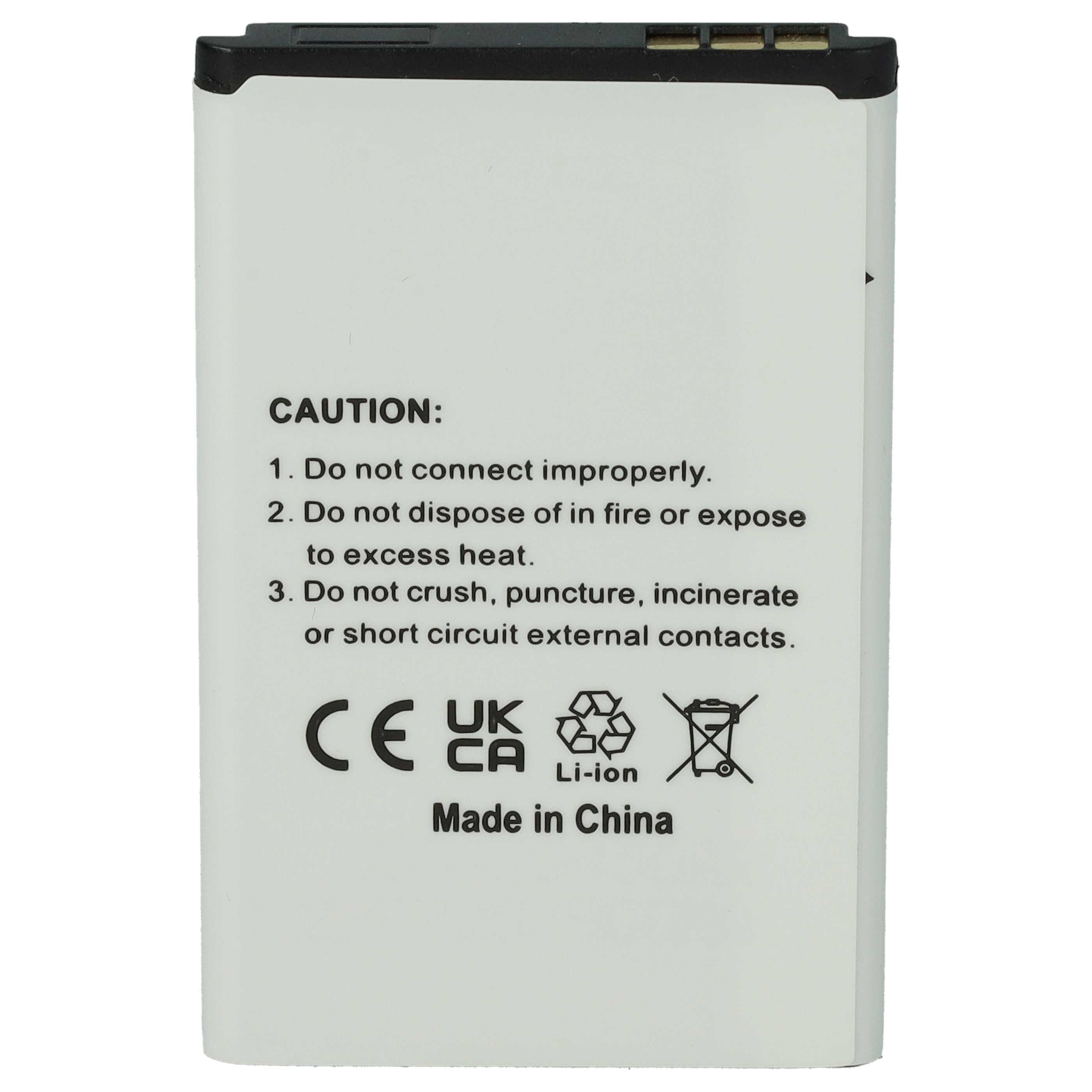 Weiße Li-Ionen-Batterie mit schwarzem Oberteil, zeigt CAUTION-Text und Symbole.