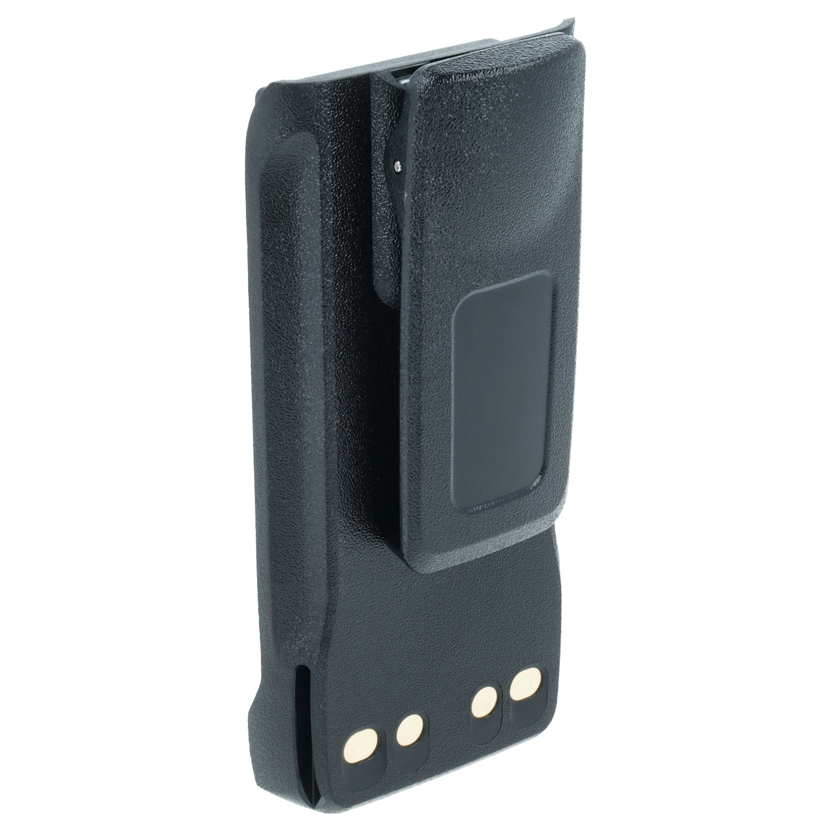 Schwarzer Batterieclip mit drei goldenen Kontakten unten und einem Gürtelclip oben.
