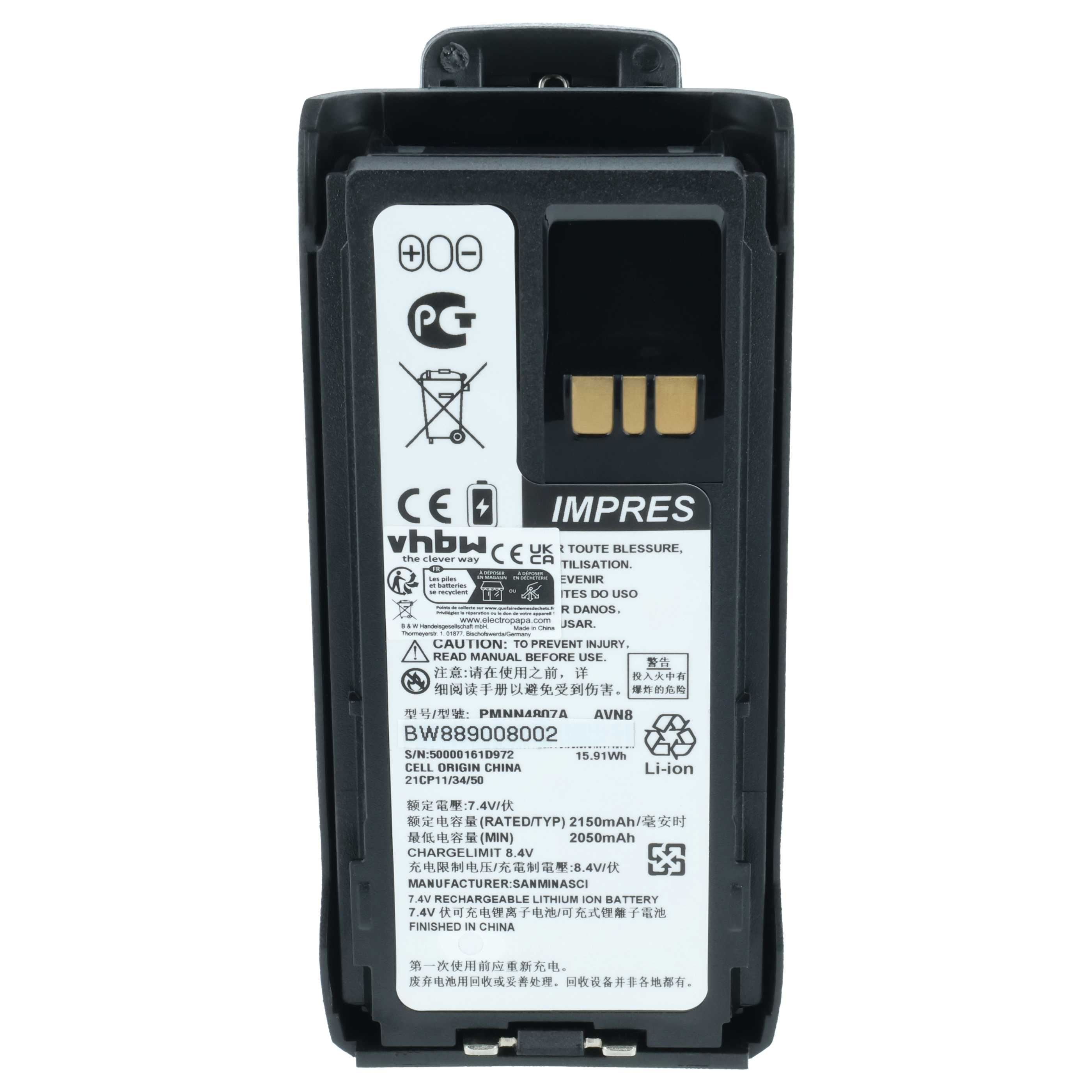 Schwarzer Li-Ion Akku mit Beschriftung, Modell BW889008002, 7.4V, 2150mAh.