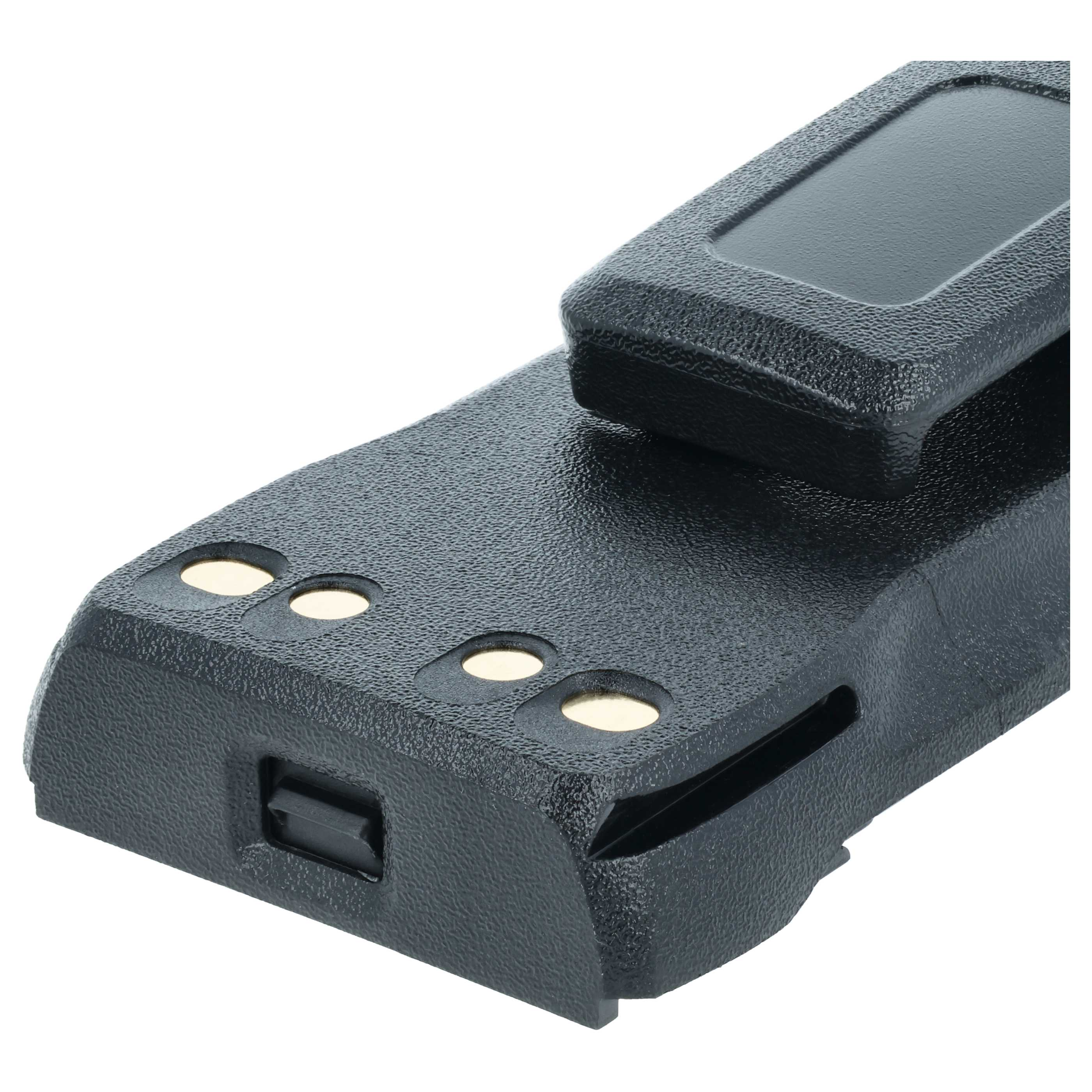 Nahaufnahme einer schwarzen Batterie mit drei goldenen Kontakten und einem schwarzen Anschluss.
