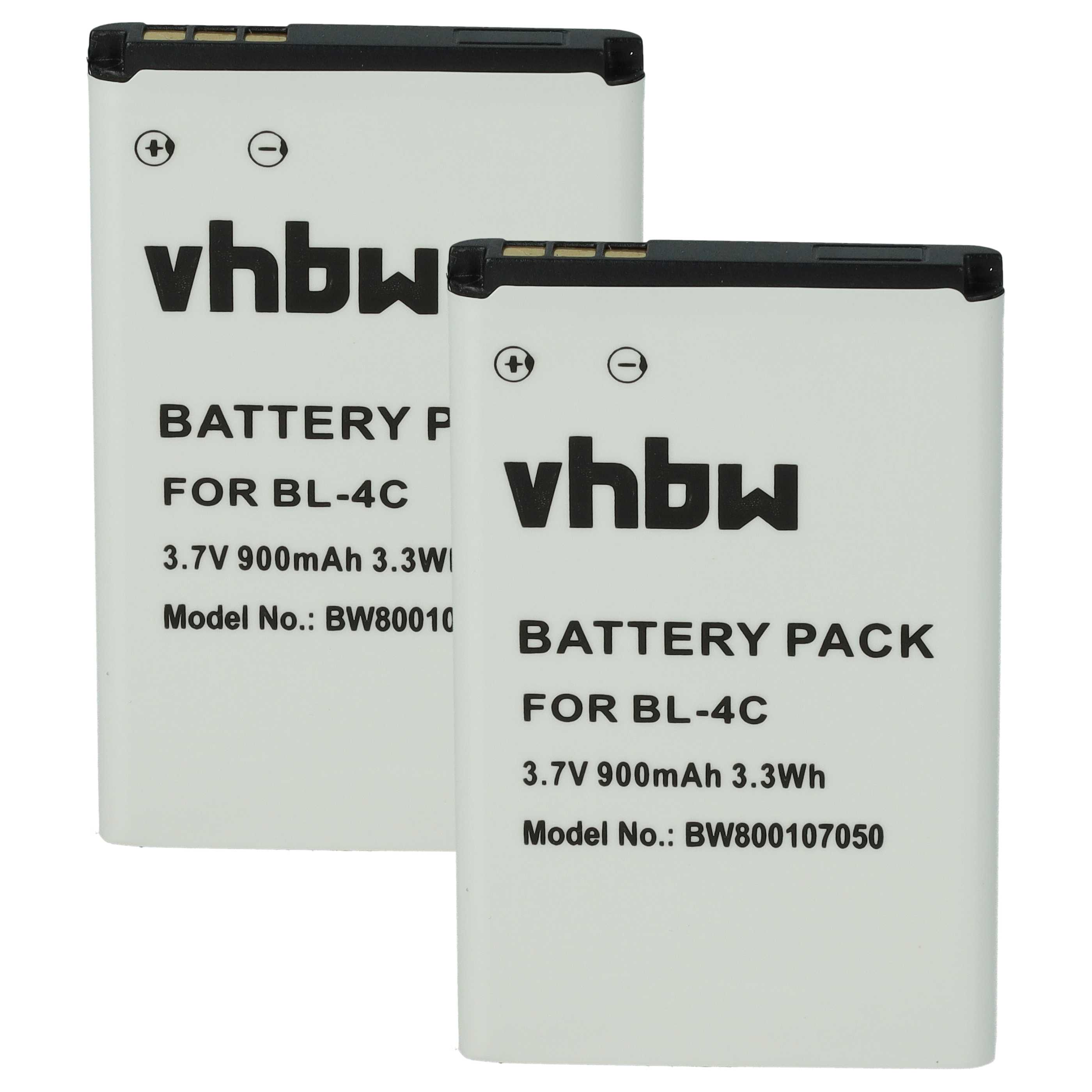 Zwei weiße vhbw Akkus für BL-4C. 3,7V 900mAh 3,3Wh.