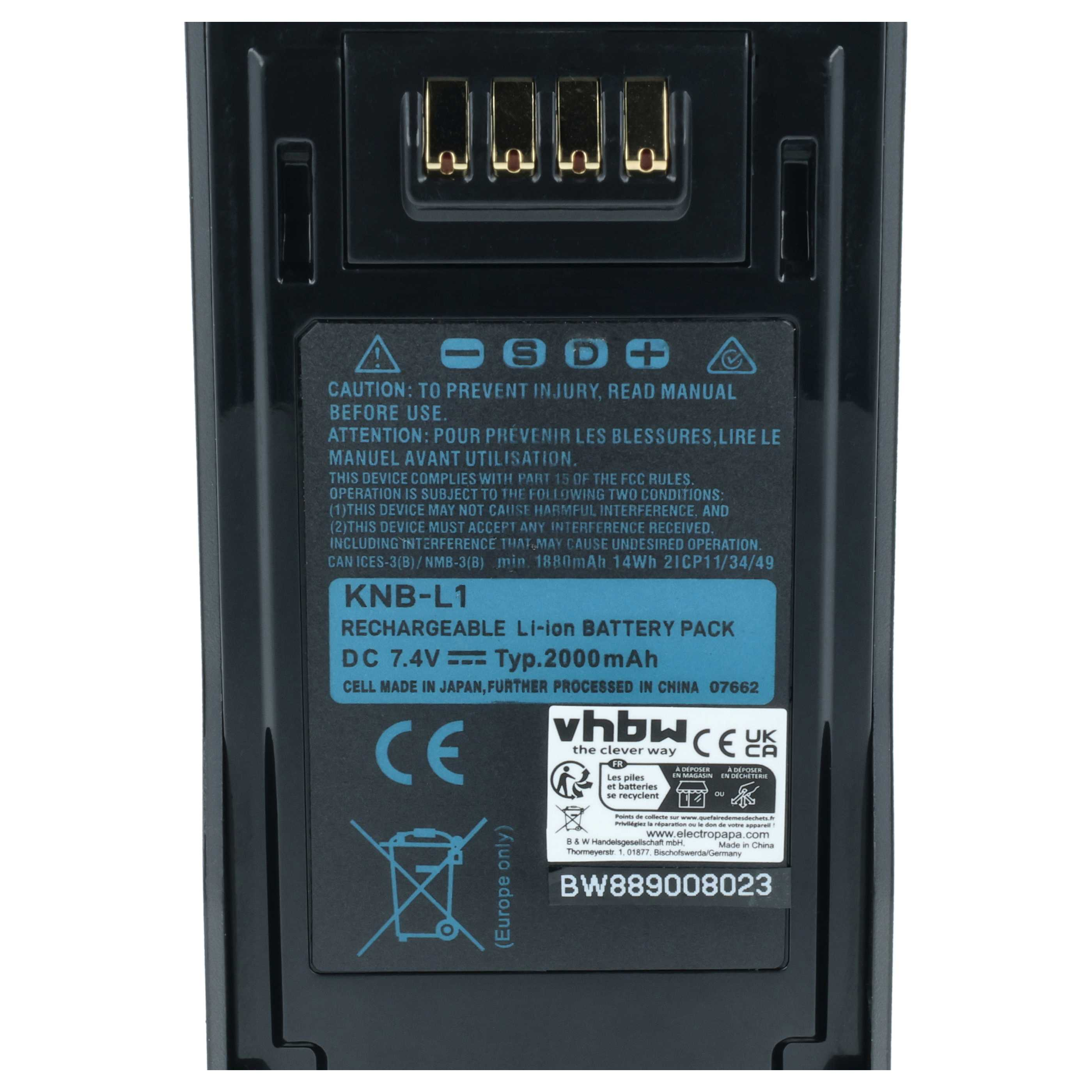 Schwarzer Akku KNB-L1 mit technischen Daten und CE/UKCA-Zeichen.