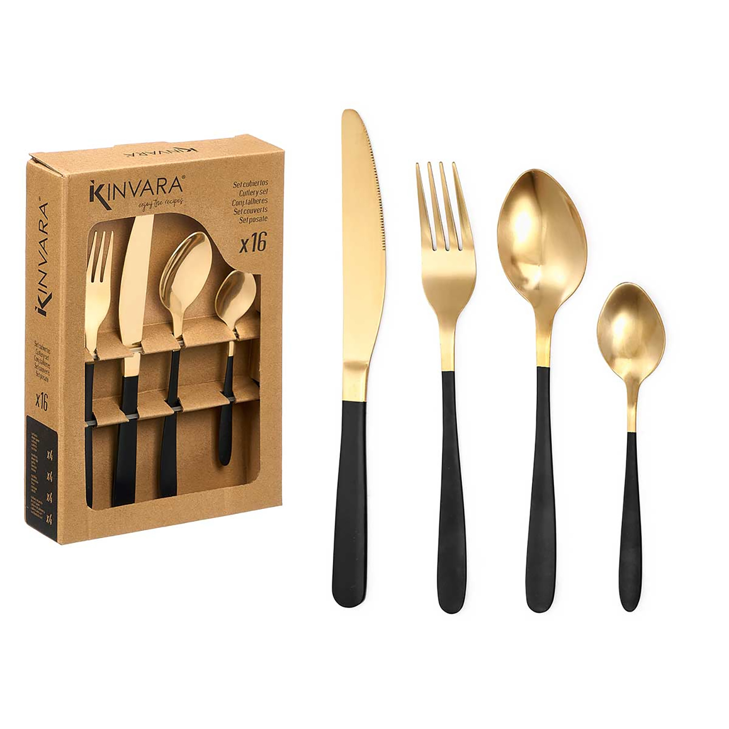 Un juego de cubiertos dorados y negros, incluye cuchillo, tenedor y cucharas.