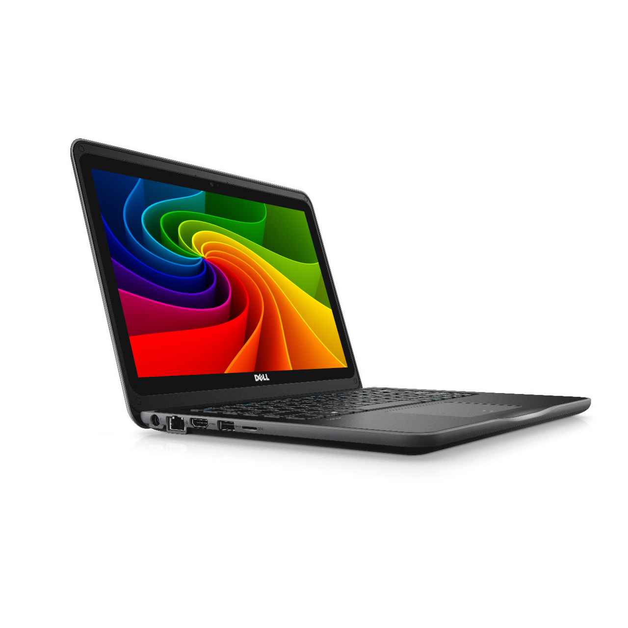 Ein dunkler Dell-Laptop mit lebendigem Regenbogen-Wirbel-Hintergrundbild.
