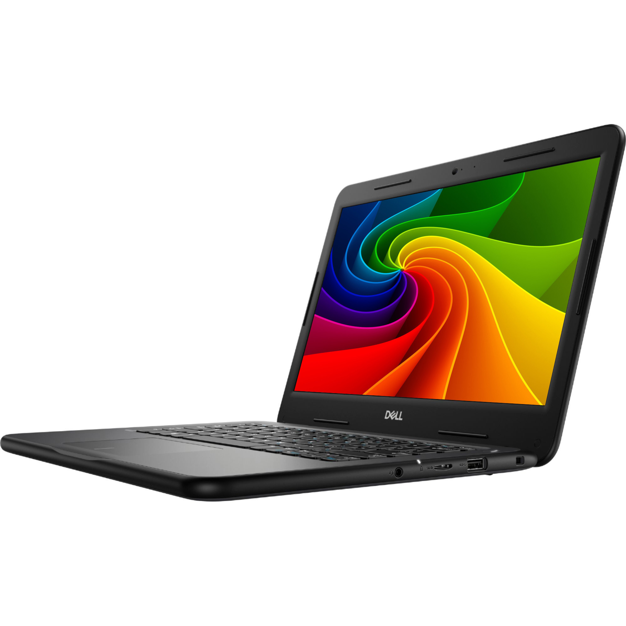 Schwarzer Dell Laptop mit buntem Spiralbildschirmhintergrund.