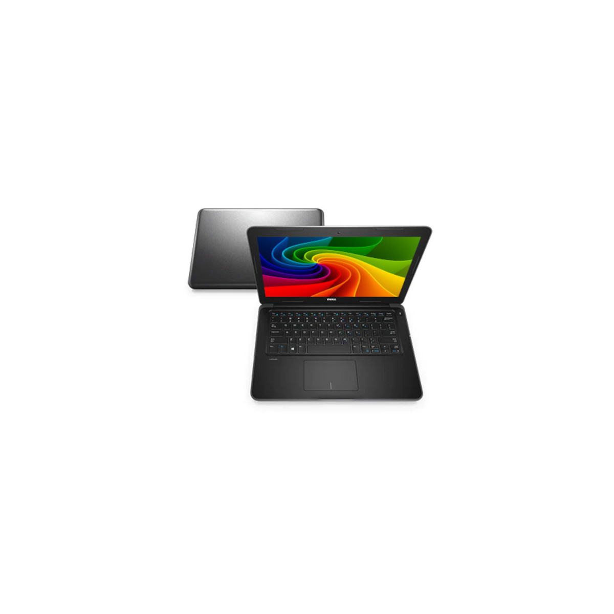 Ein schwarzer Dell Laptop mit offenem Deckel und einem bunten Hintergrundbild.