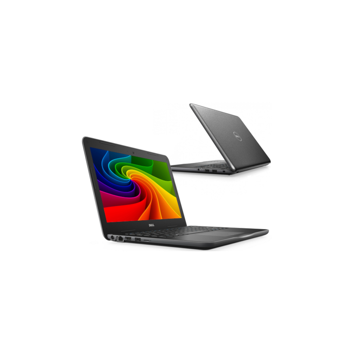 Zwei schwarze Dell Laptops, einer geöffnet mit buntem Bildschirm, der andere geschlossen.