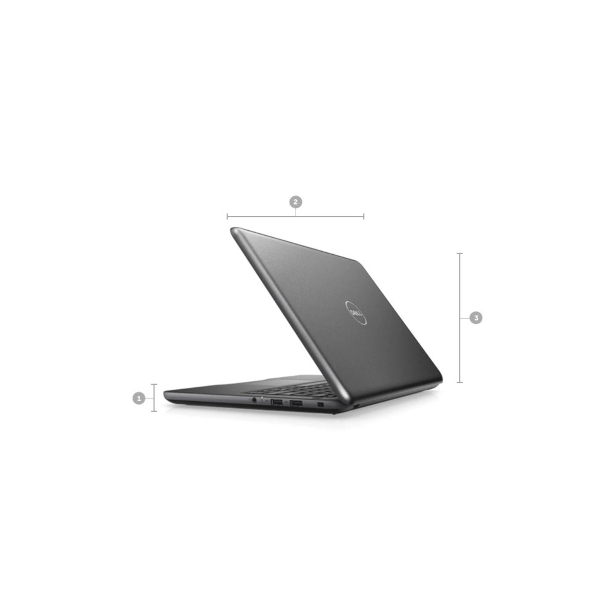 Grauer Dell Laptop, geöffnet, mit Maßangaben 1, 2 und 3.