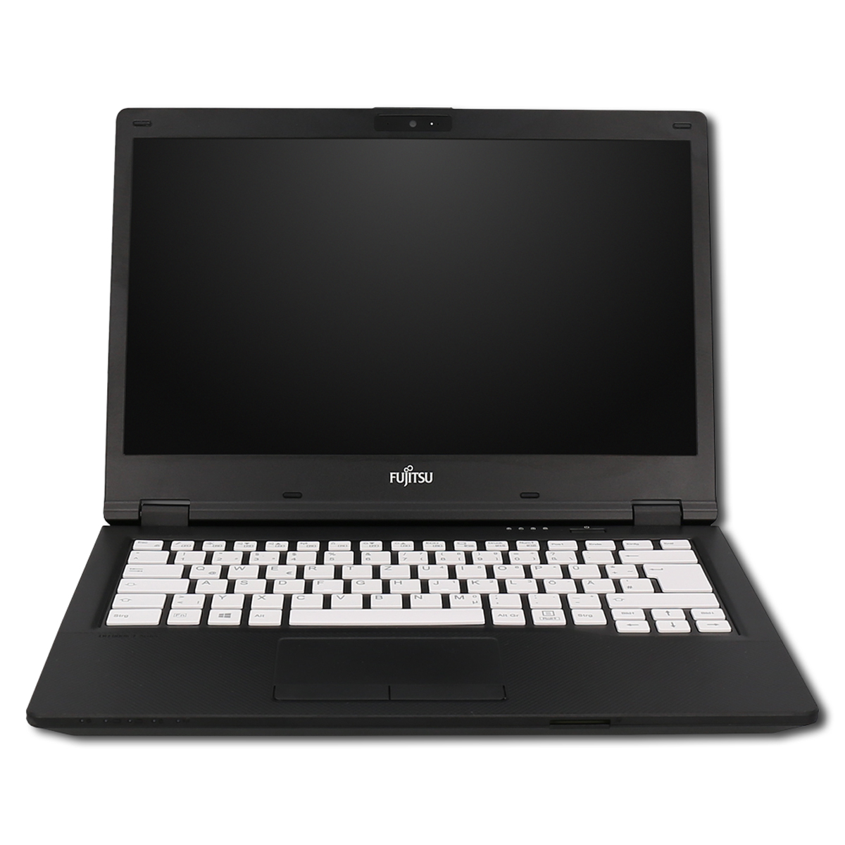 Ein schwarzer Fujitsu Laptop mit weißer Tastatur und schwarzem Bildschirm.