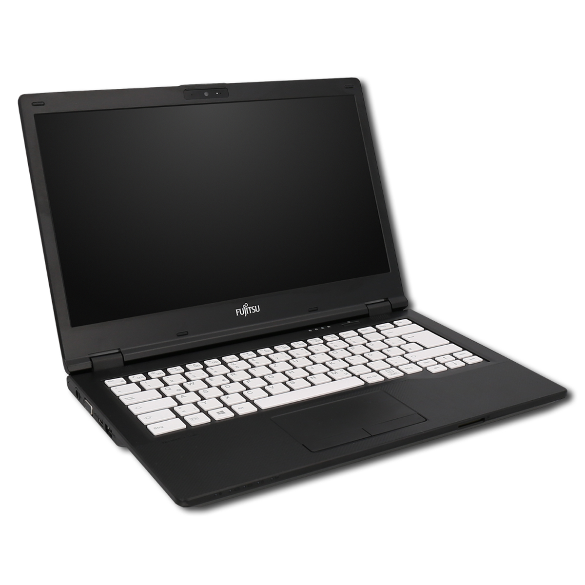 Schwarzer Fujitsu Laptop mit weißer Tastatur, geöffnet und auf weißem Hintergrund.