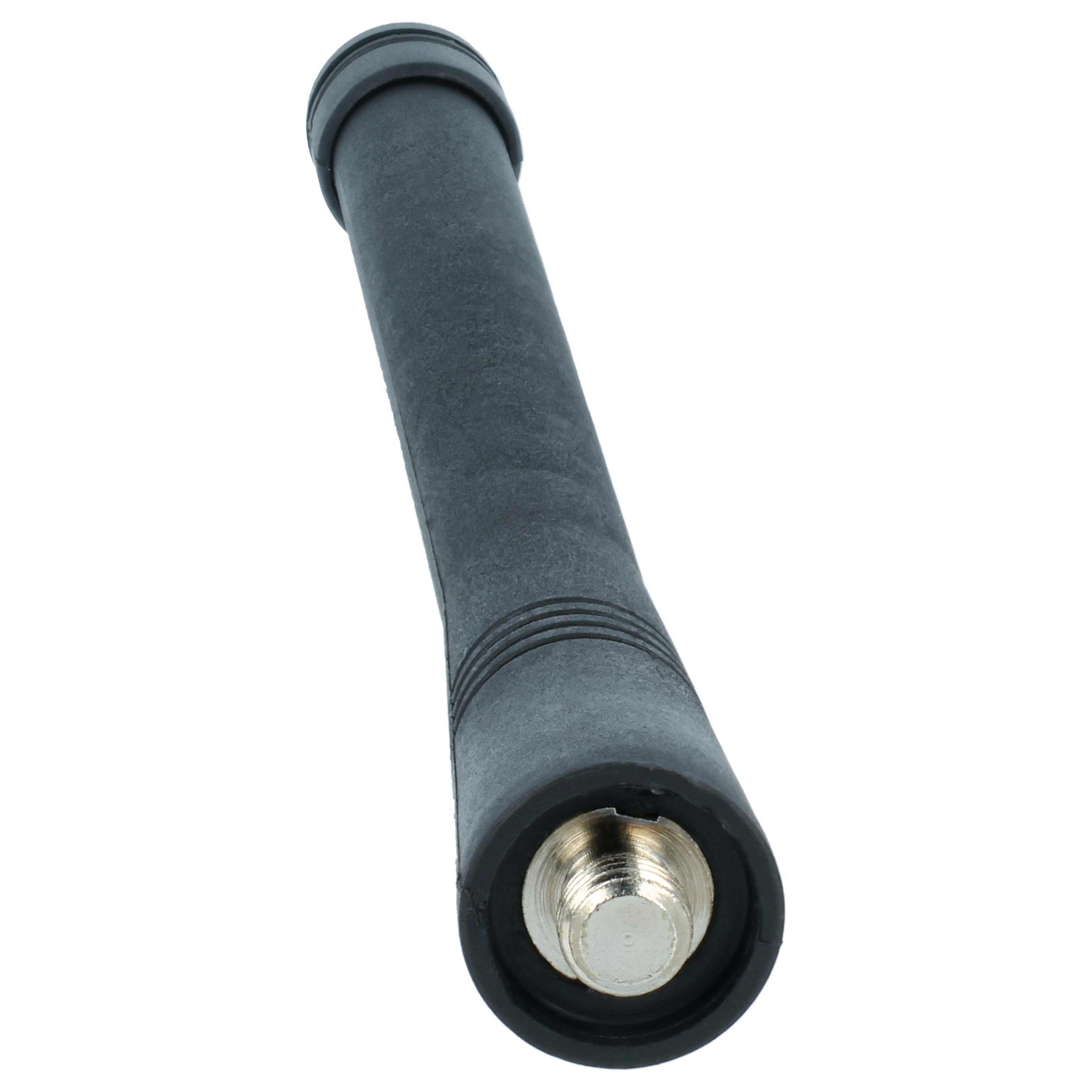 Schwarze Antenne mit silbernem Gewindeanschluss, auf weißem Hintergrund.