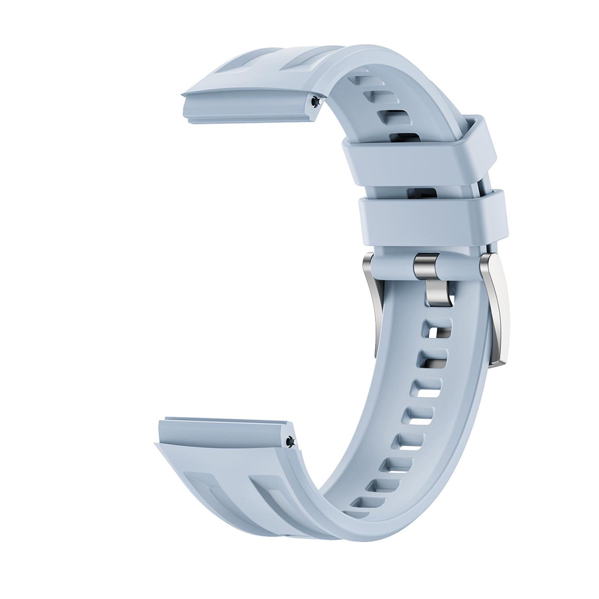 Ein hellblauer Uhrenarmband aus Gummi mit Metallschnalle, auf weißem Hintergrund.