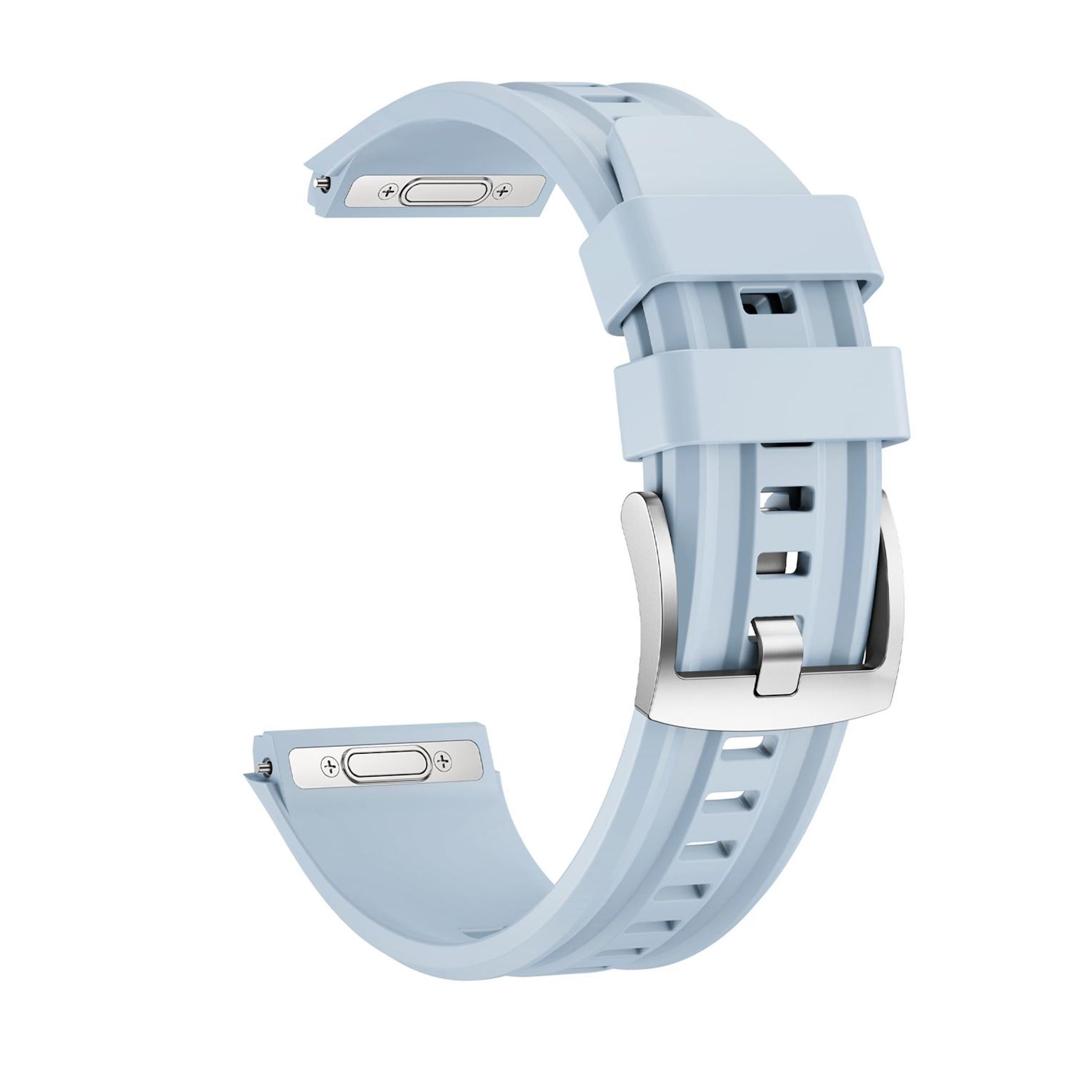 Ein hellblauer Uhrenarmband mit silberner Schnalle und Aussparungen.