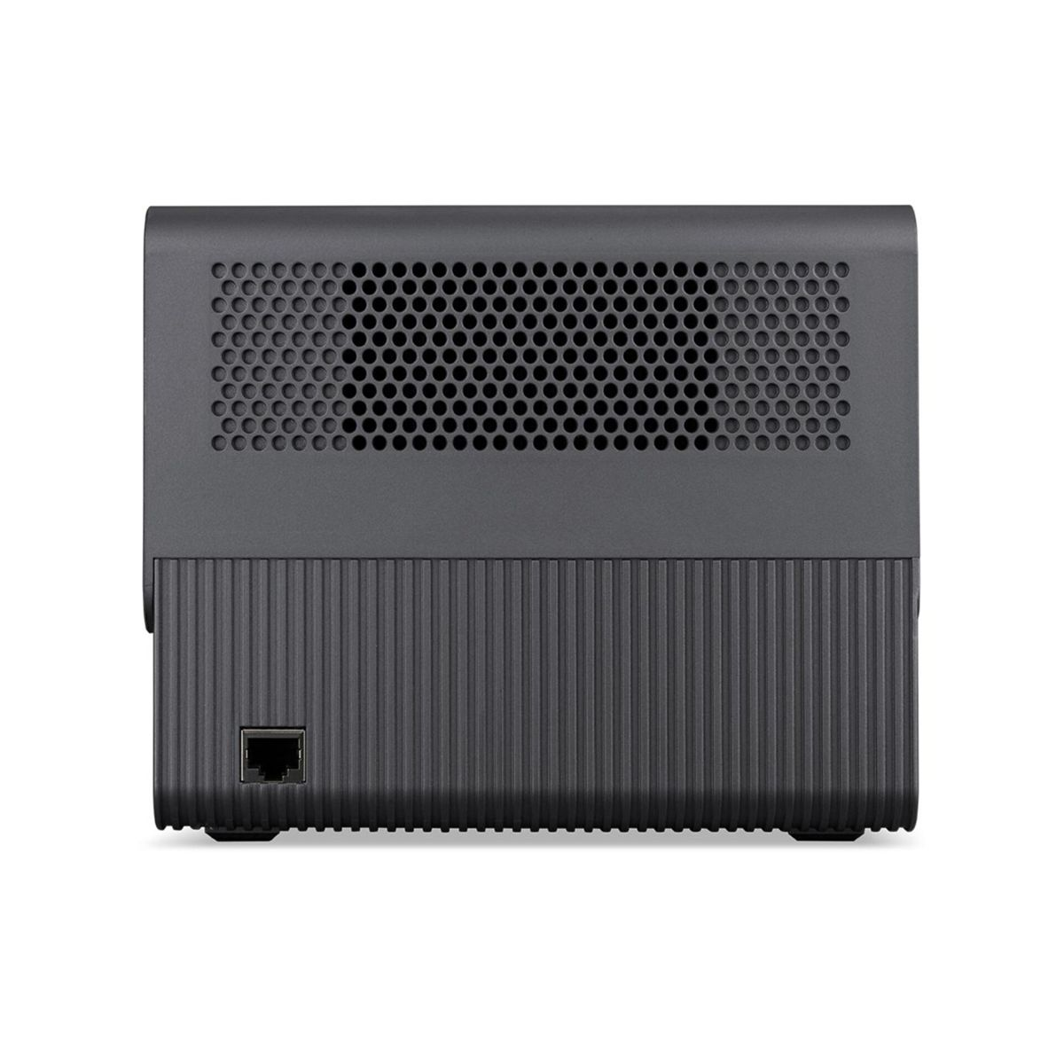 Szary router z otworami wentylacyjnymi i portem Ethernet.