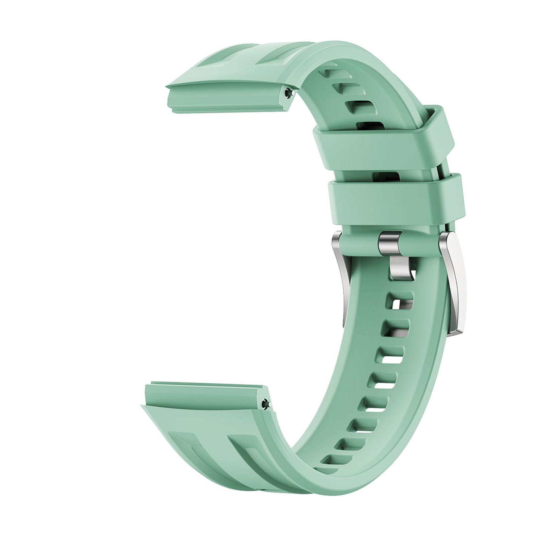 Ein hellgrünes Uhrenarmband aus Gummi mit Metallschnalle.