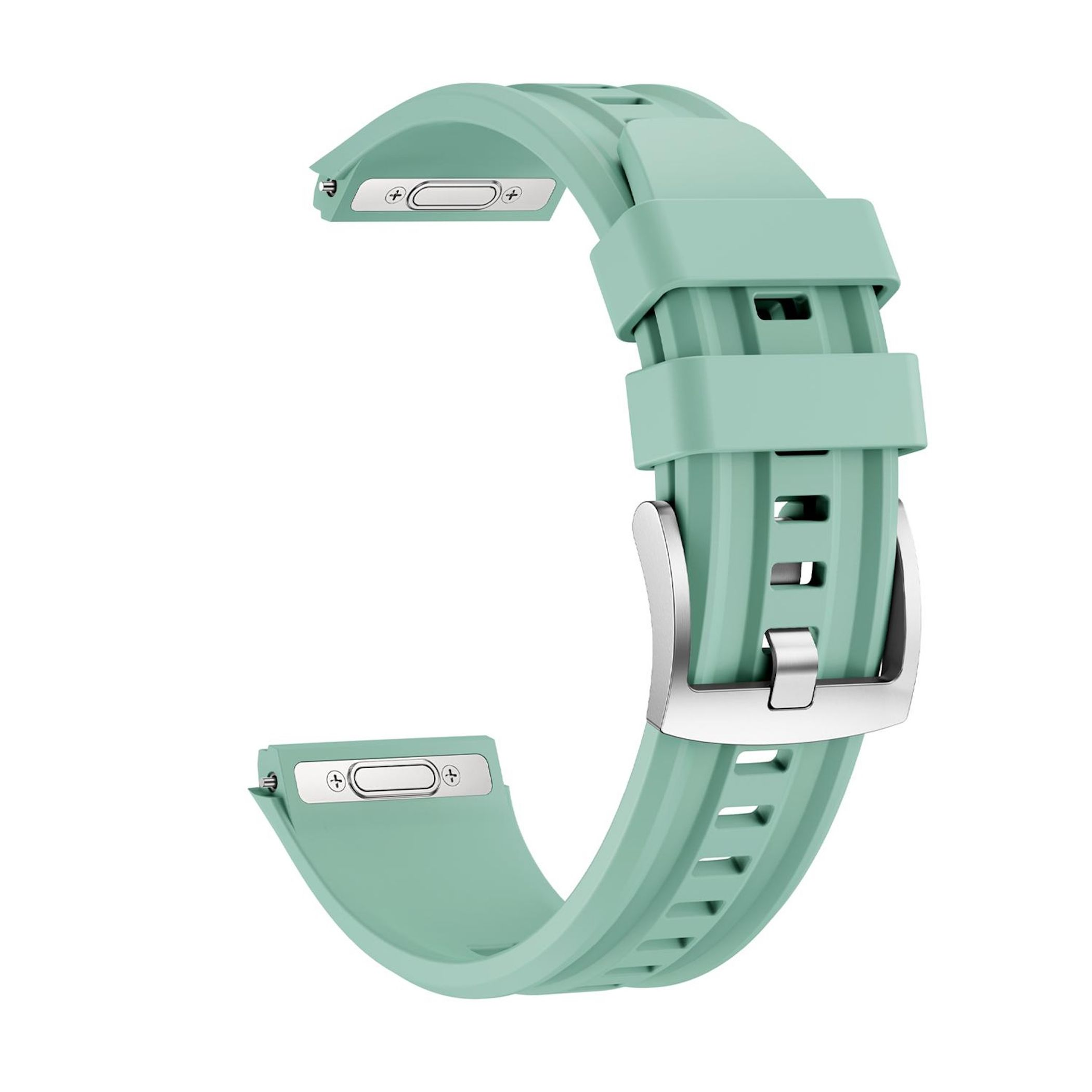 Ein mintgrünes Uhrenarmband aus Silikon mit silberner Schnalle und Dornschließe.