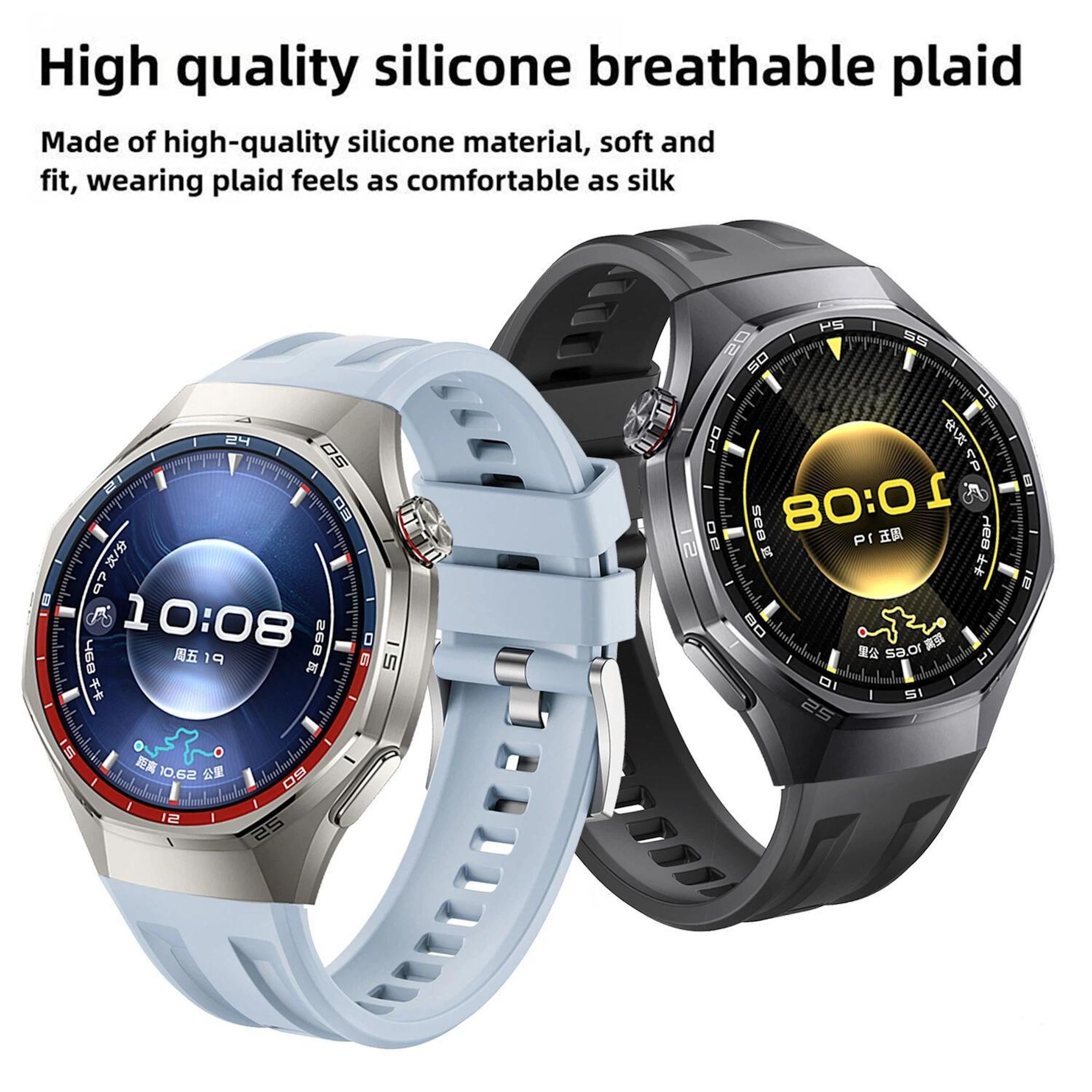 Zwei Smartwatches, eine hellblau, eine schwarz, mit digitalen Zifferblättern.