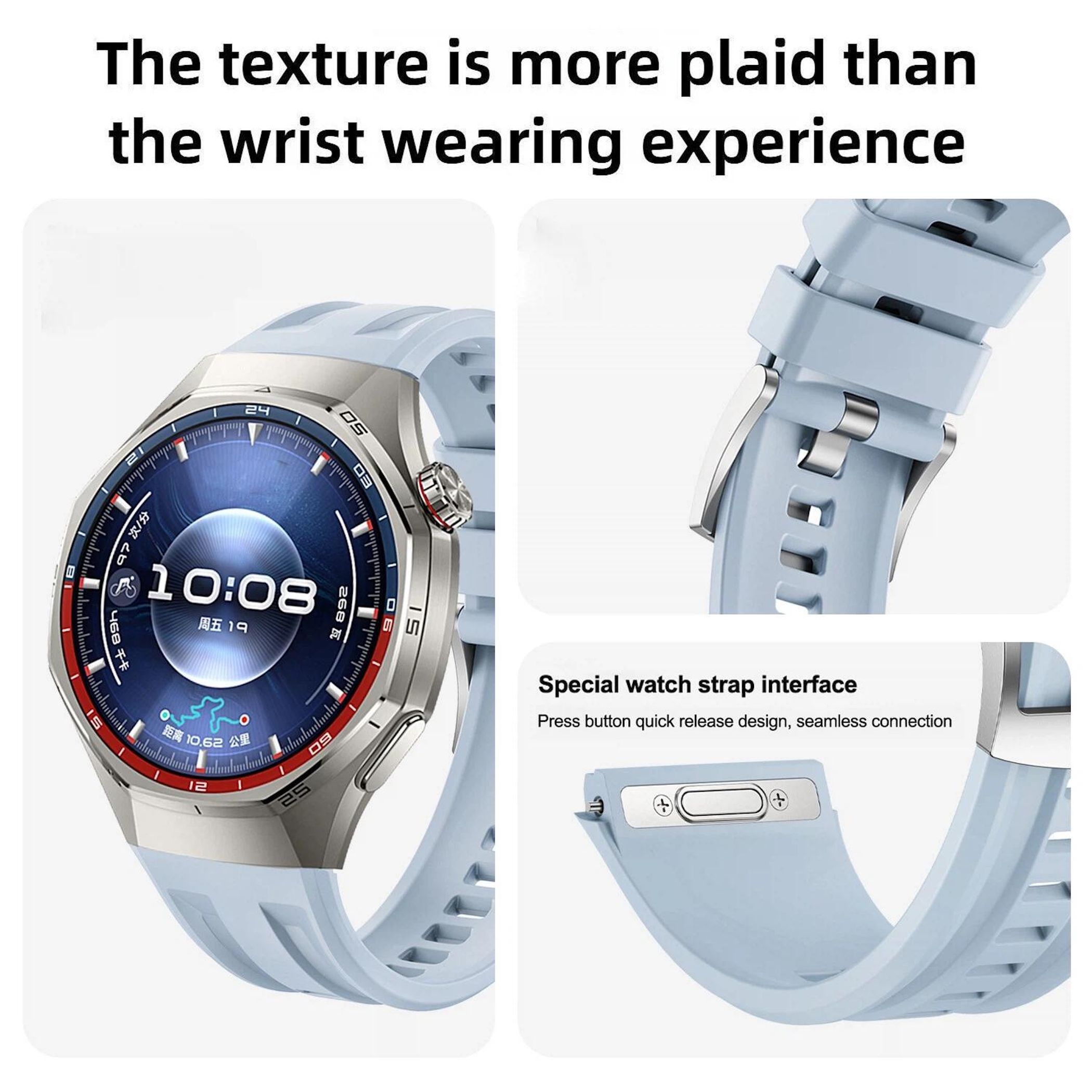 Eine Nahaufnahme einer Smartwatch mit blauem Armband und einem Zifferblatt, das 10:08 anzeigt.